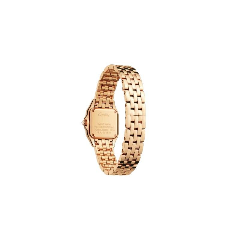 Small model, quartz movement, rose gold, diamonds
Panthère de Cartier watch, small model, quartz movement. Case in 18K pink gold set with brilliant-cut diamonds, dimensions: 22 mm x 30 mm, thickness: 6 mm, crown set with a diamond, silvered dial,