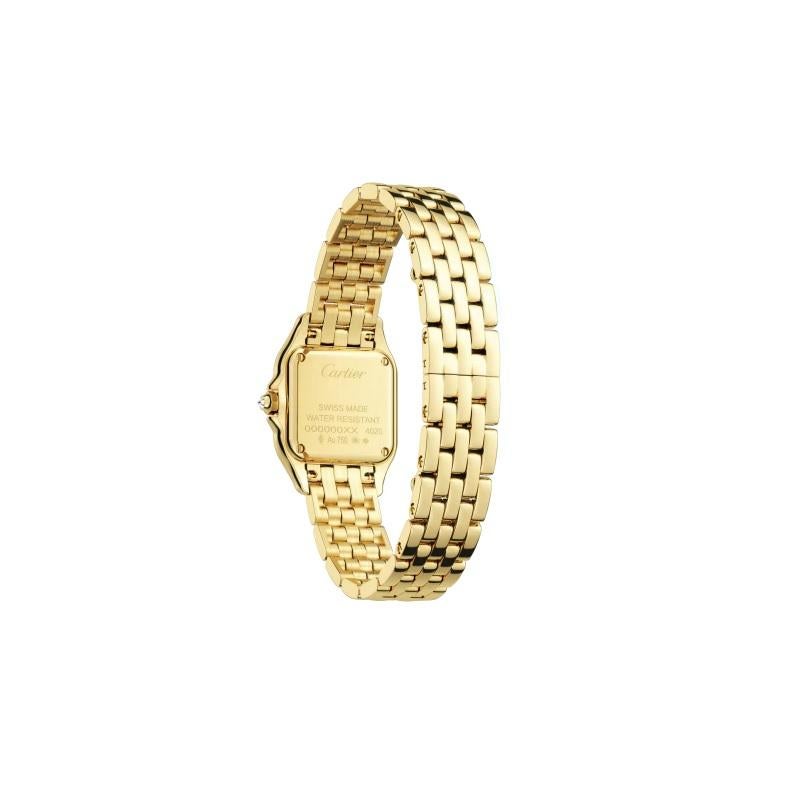 Small model, quartz movement, yellow gold, diamonds
Panthère de Cartier watch, small model, quartz movement. Case in 18K yellow gold set with brilliant-cut diamonds, dimensions: 22 mm x 30 mm, thickness: 6 mm, crown set with a diamond, silvered