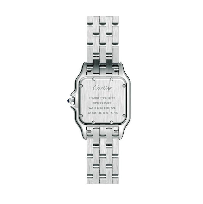 Panthère de Cartier watch, medium model, quartz movement. Case in steel, dimensions: 27 mm x 37 mm, thickness: 6 mm, crown set with a synthetic blue spinel, silvered dial, blued-steel sword-shaped hands, steel bracelet. Water-resistant to 3 bar