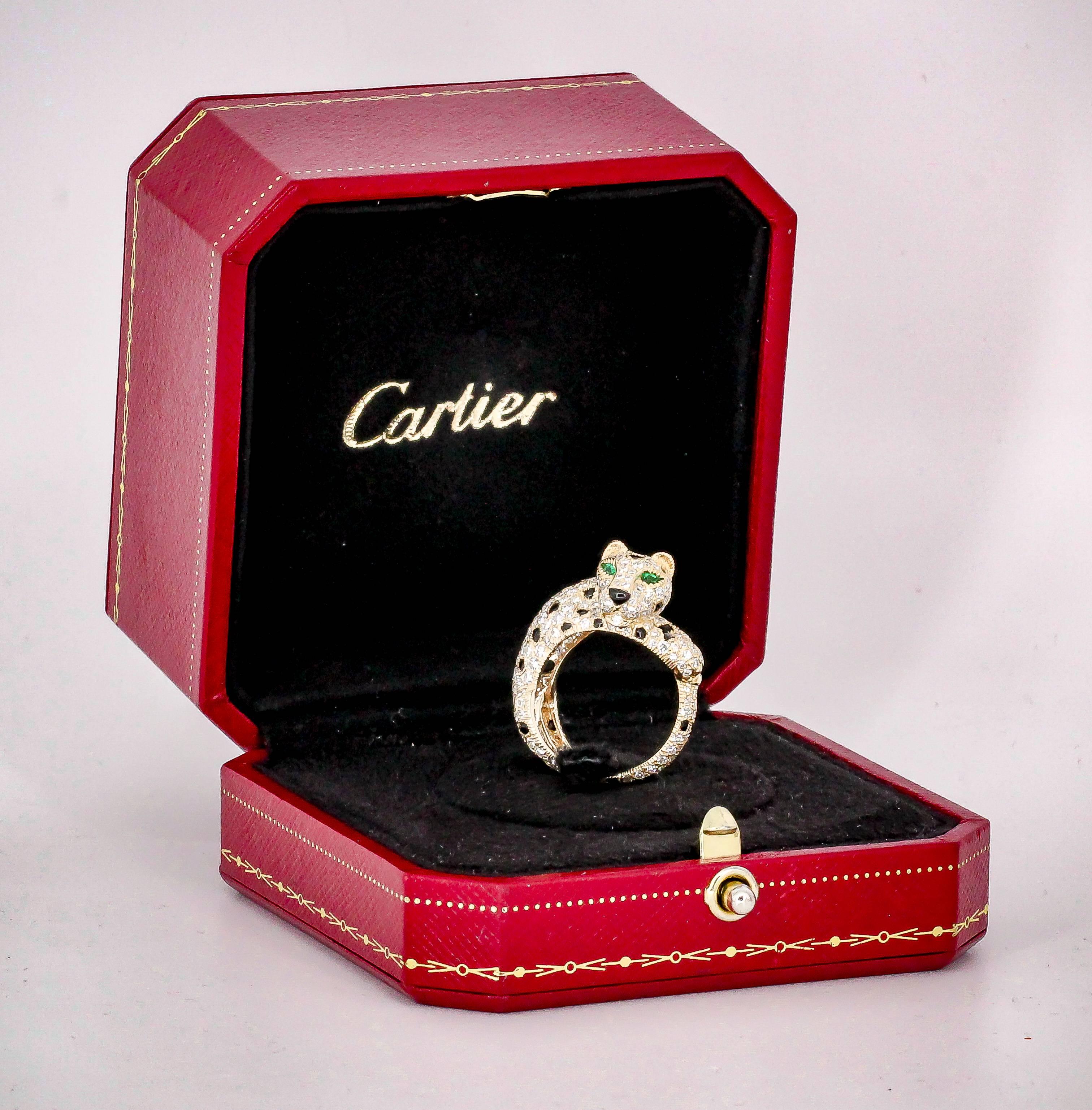 Cartier Panthere Rare Diamond Emerald, Onyx and Gold Ring 4