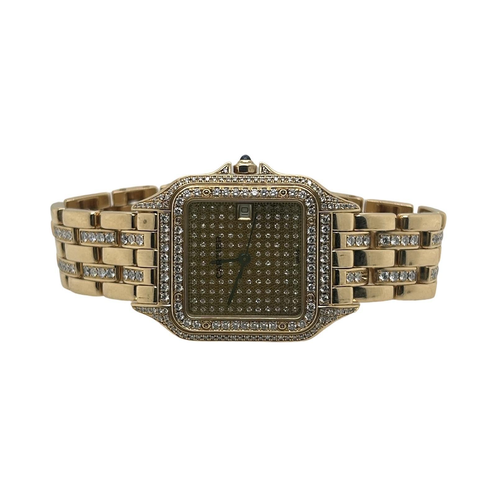 Brand: Cartier
Model: Panthere de Cartier
Model Number: 106000M
Case Material: 18k Yellow Gold
Case Size: 28mm
Dial: Gold Pave Diamonds
Bezel: Gold Diamond Bezel
Bracelet: 18k Yellow Gold with 2 row Diamonds
Movement: Quartz
Year: 2000
Box & Papers:
