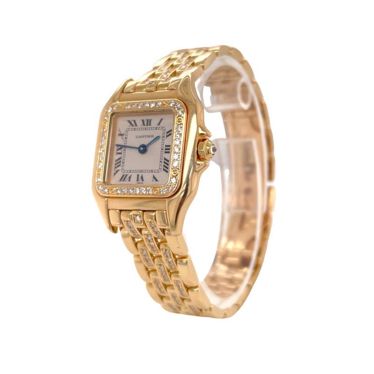 Round Cut Cartier Panthere Ref. 128000M in 18k Yellow Gold with Diamond Band & Bezel For Sale
