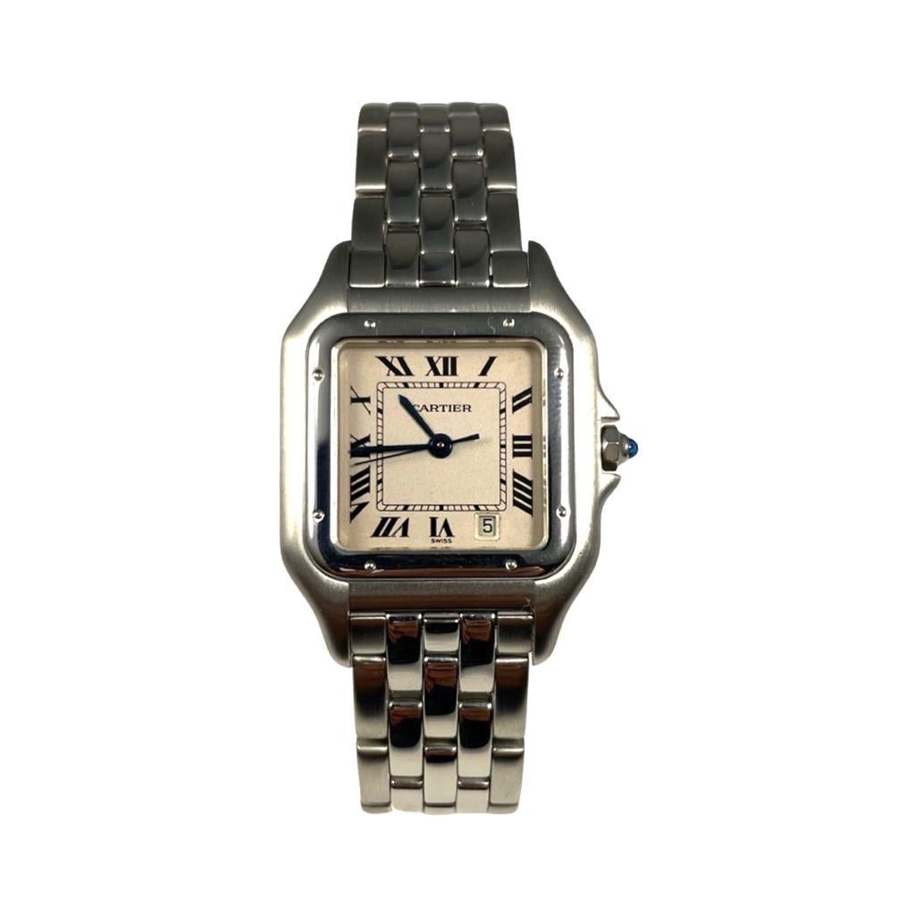 Brand: Cartier

Model: Panthere De Cartier

Movement: Quartz

Case Size: 27mm

Dial: Roman Numeral; Champagne

Case Material: Stainless Steel

Bracelet Material: Stainless Steel

Crystal: Scratch-Resistant Sapphire Glass

Includes: 24 Month