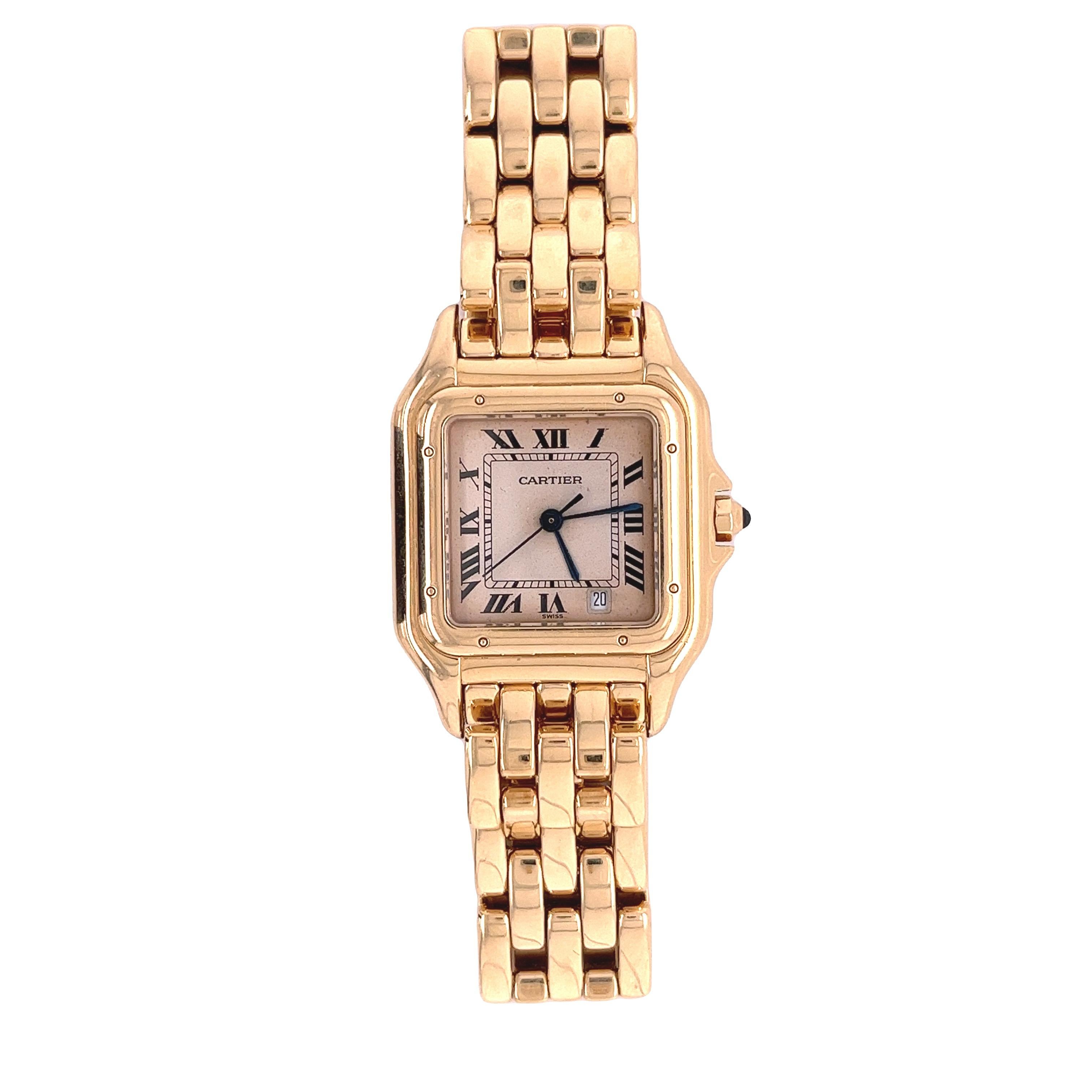 18k Cartier Panthere Model 8839 quartz wristwatch. Cream dial with Roman numerals, Swiss quartz movement. MEASUREMENTS: 67.9 dwt including works. 1-1/2