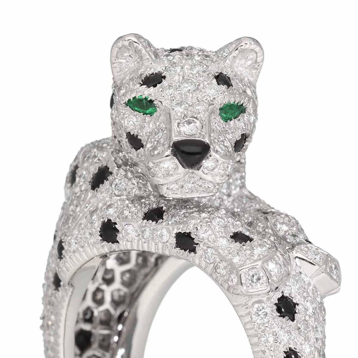 Round Cut Cartier Panthere Ring Certificate Diamond Emerald Onyx Platinum US 6 1/4 For Sale