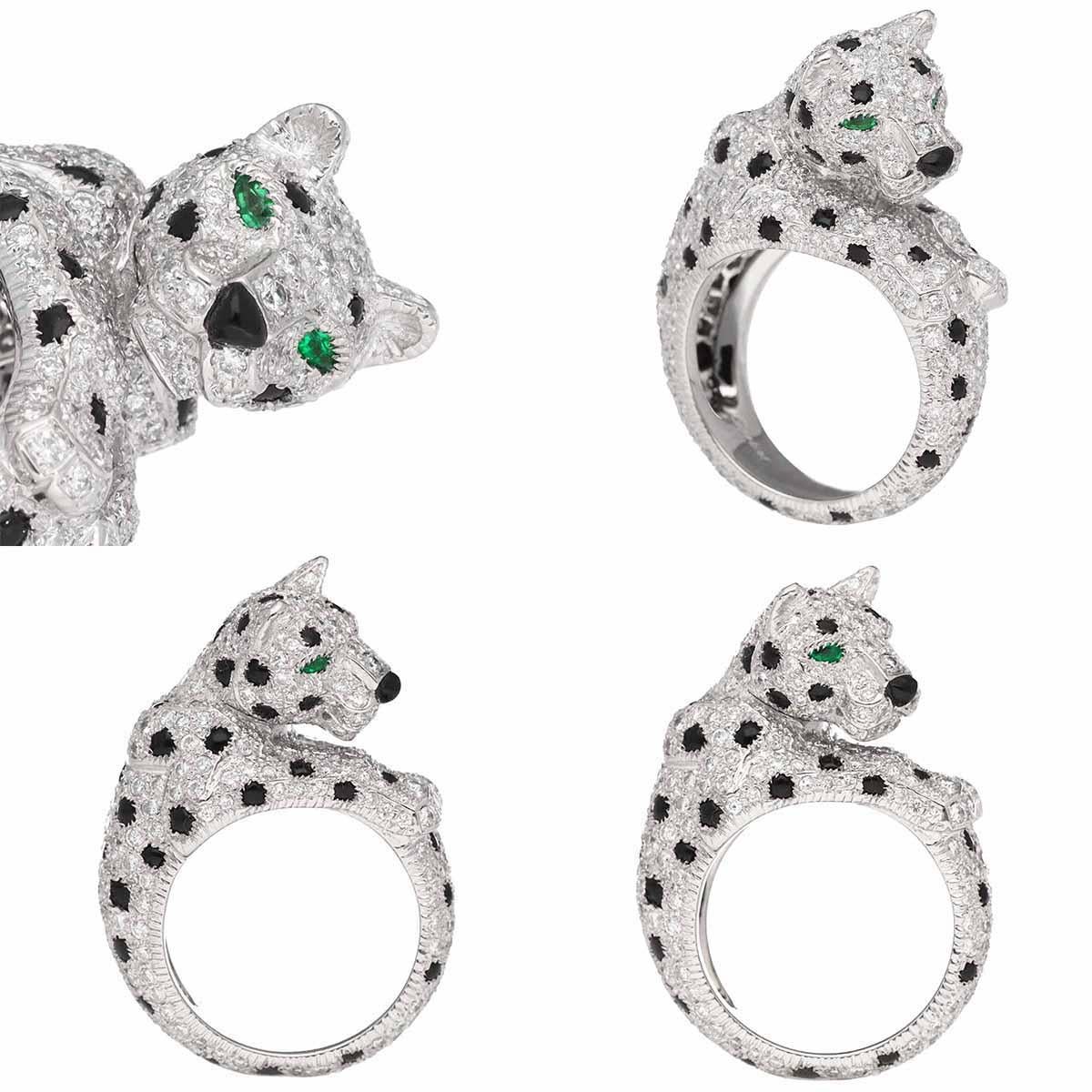 Cartier Panthere Ring Certificate Diamond Emerald Onyx Platinum US 6 1/4 In Good Condition For Sale In Tokyo, JP