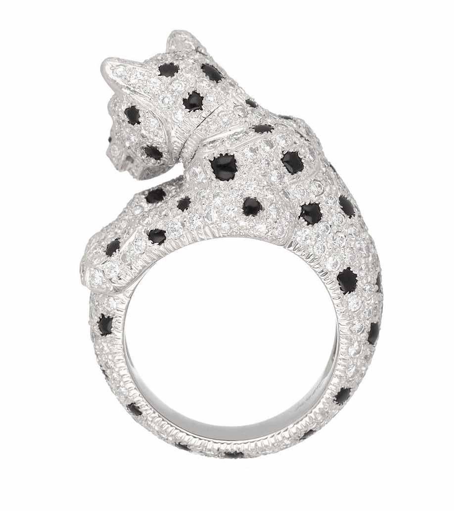 Women's Cartier Panthere Ring Certificate Diamond Emerald Onyx Platinum US 6 1/4 For Sale