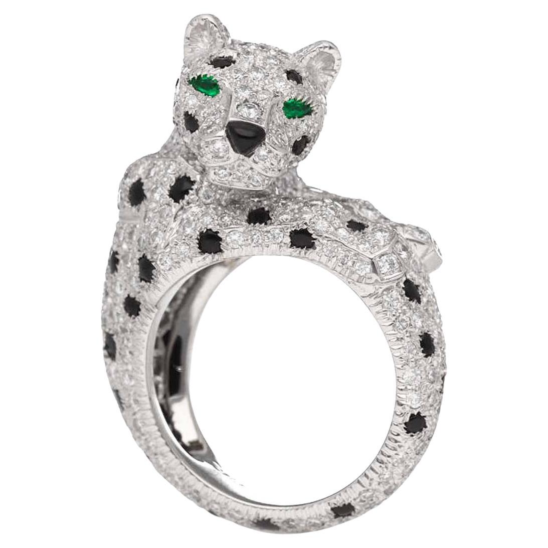 Cartier Panthere Ring Certificate Diamond Emerald Onyx Platinum US 6 1/4 For Sale