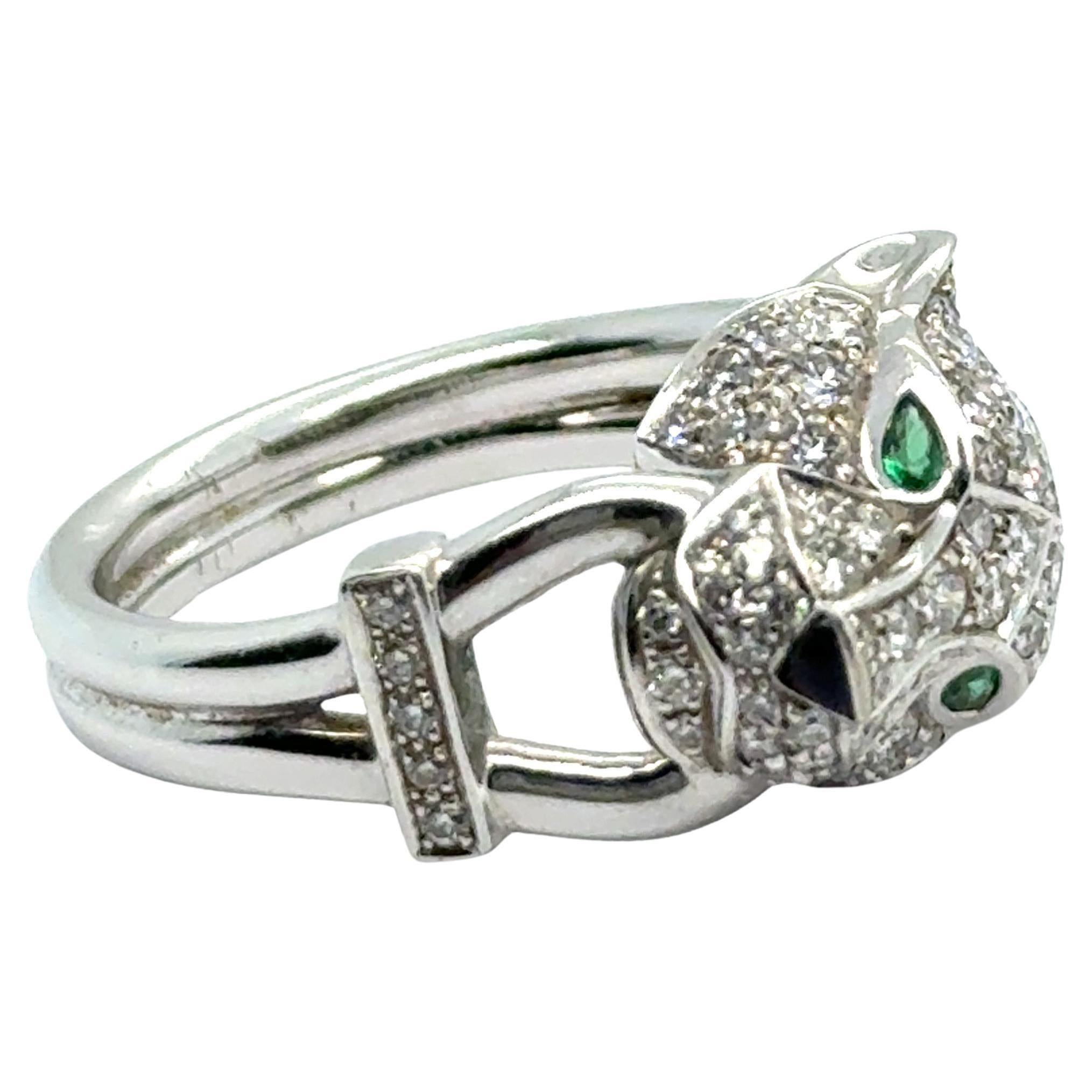 Cartier Panthère Ring in 18K White Gold with Diamonds, Emeralds & Onyx For Sale