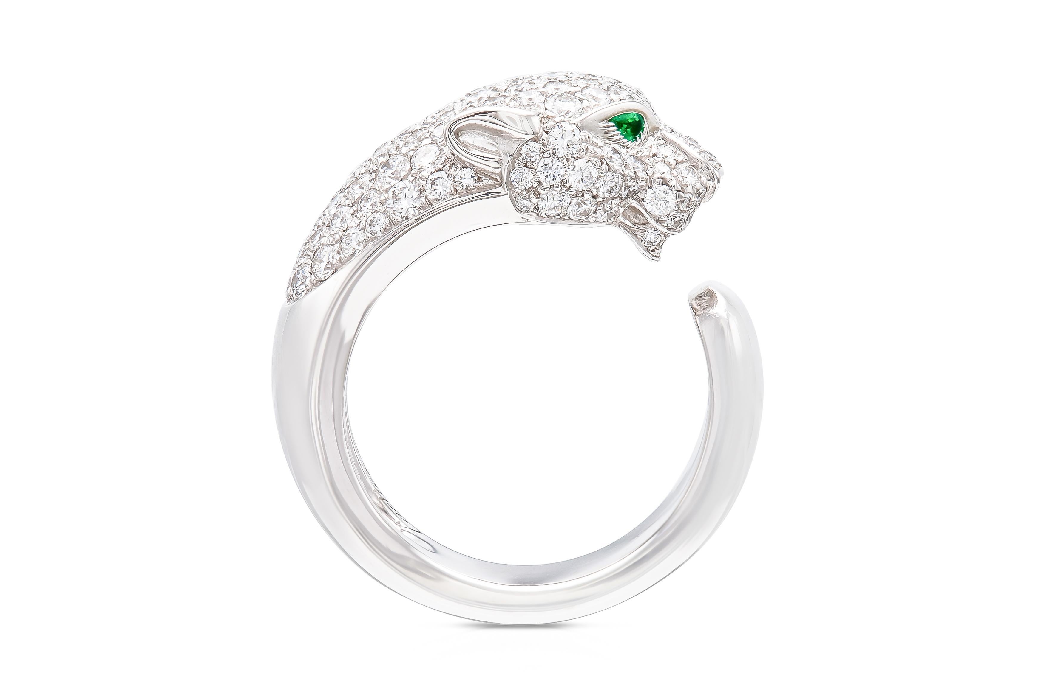 Finely crafted in 18k white gold with Round Brilliant cut Diamonds weighing a total of 1.58 carats and Emeralds for the eyes.
Signed by Cartier
Size 50 (US5)
Comes with its Certificate of Authentication and Valuation Report from Cartier.