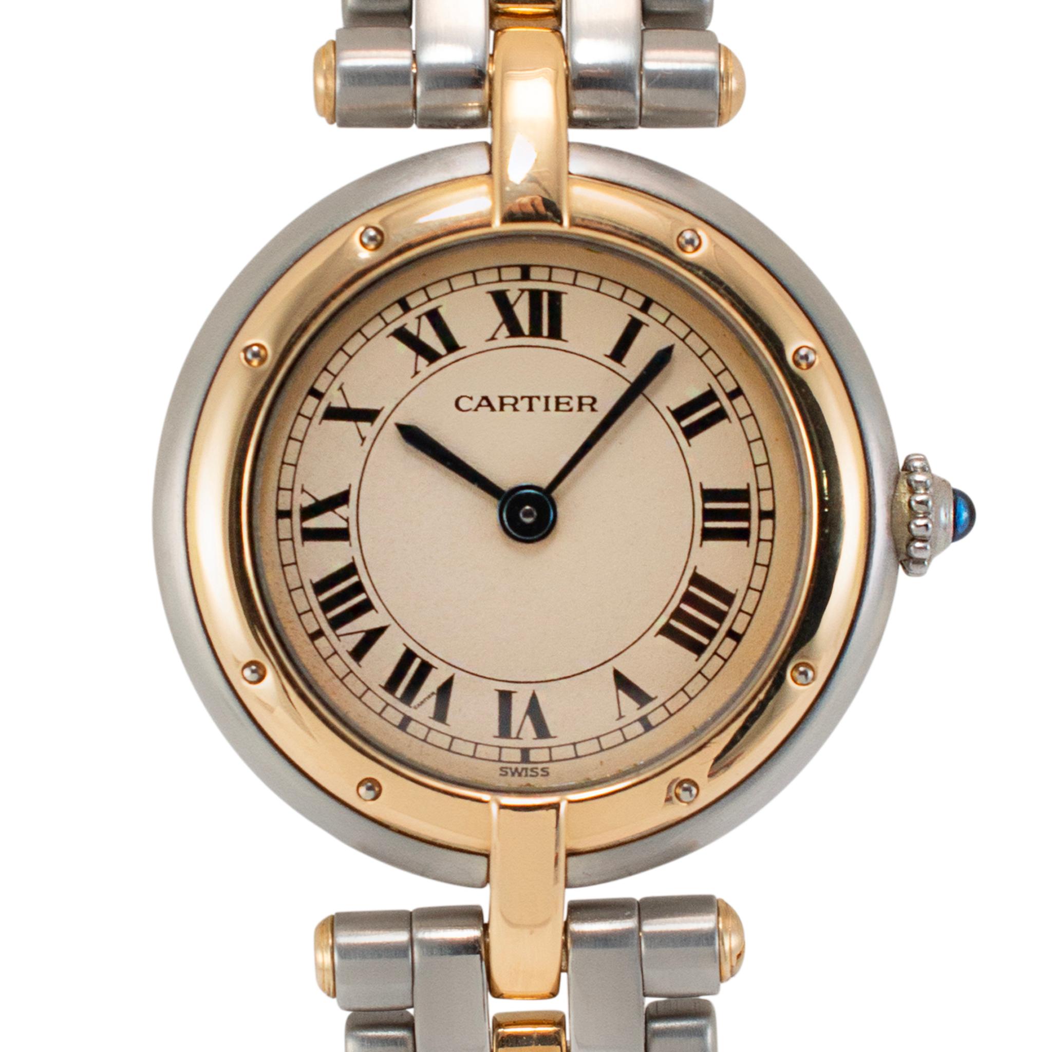 Brand: Cartier 

Gender: Ladies

Metal Type: 18K Yellow Gold & Stainless Steel 

Diameter: 24.00 mm

Weight: 40.85 grams

One ladies 18K yellow gold and stainless steel Swiss-made watch. The metals were tested and determined to be 18K yellow gold