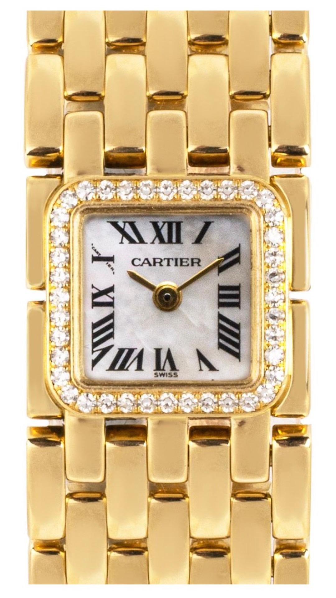 A gorgeous 14mm Cartier Panthere Ruban in yellow gold. Featuring a striking mother of pearl dial with applied roman numeral, a hidden Cartier signature at X and a yellow gold bezel set with 40 round brilliant cut diamonds.

Fitted with a sapphire