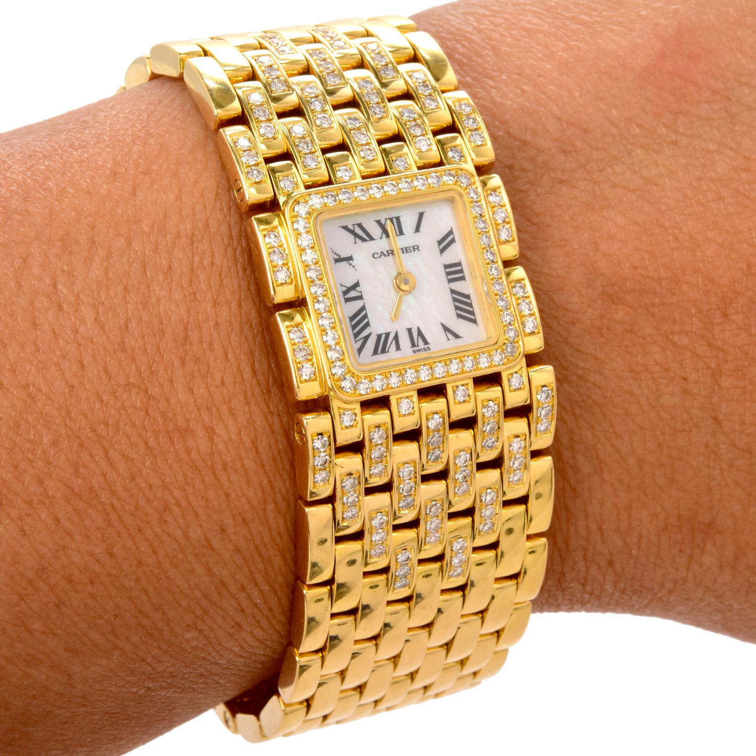 Modern Cartier Panthere Ruban Diamond 18K Gold Designer Watch