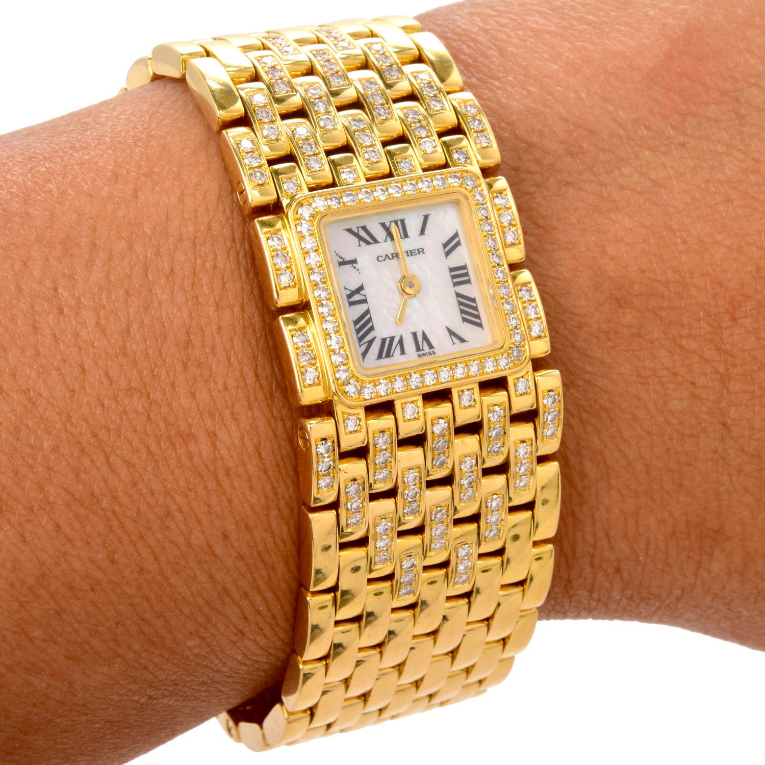 Modern Cartier Panthere Ruban Diamond 18K Gold Designer Watch