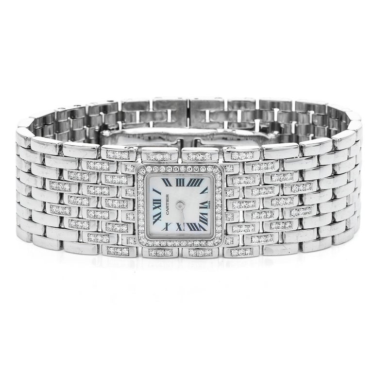 Modern Cartier Panthere Ruban Diamond 18K White Gold Link Ladies Bracelet Watch For Sale
