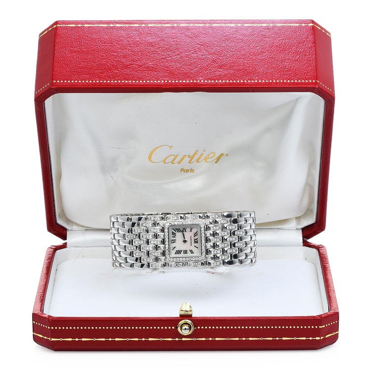 Round Cut Cartier Panthere Ruban Diamond 18K White Gold Link Ladies Bracelet Watch For Sale