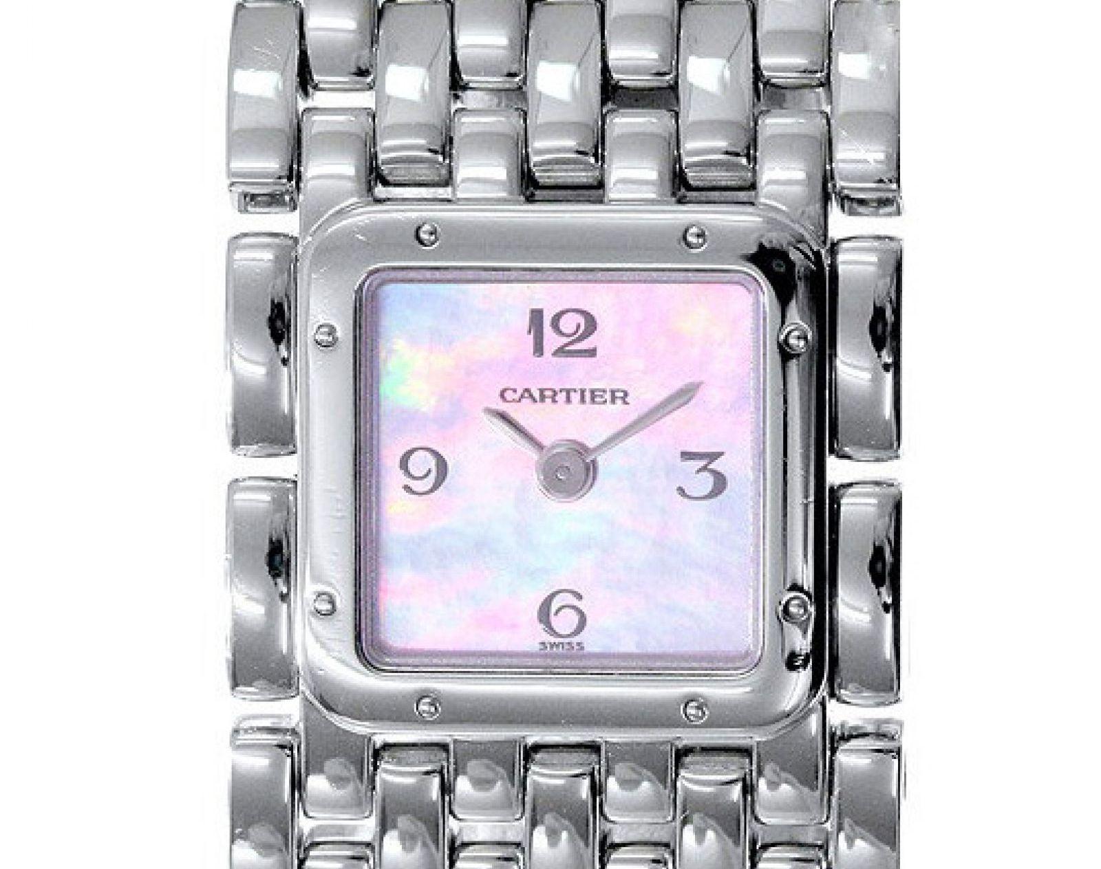 Beautiful Cartier Panthère Ruban Stainless Steel & Mother of Pearl Wristwatch
Steel Case with pink mother of pearl dial
22 mm case size
Quartz movement
Original Cartier deployment clasp
Complete with box and papers
Comes with fresh battery
Located