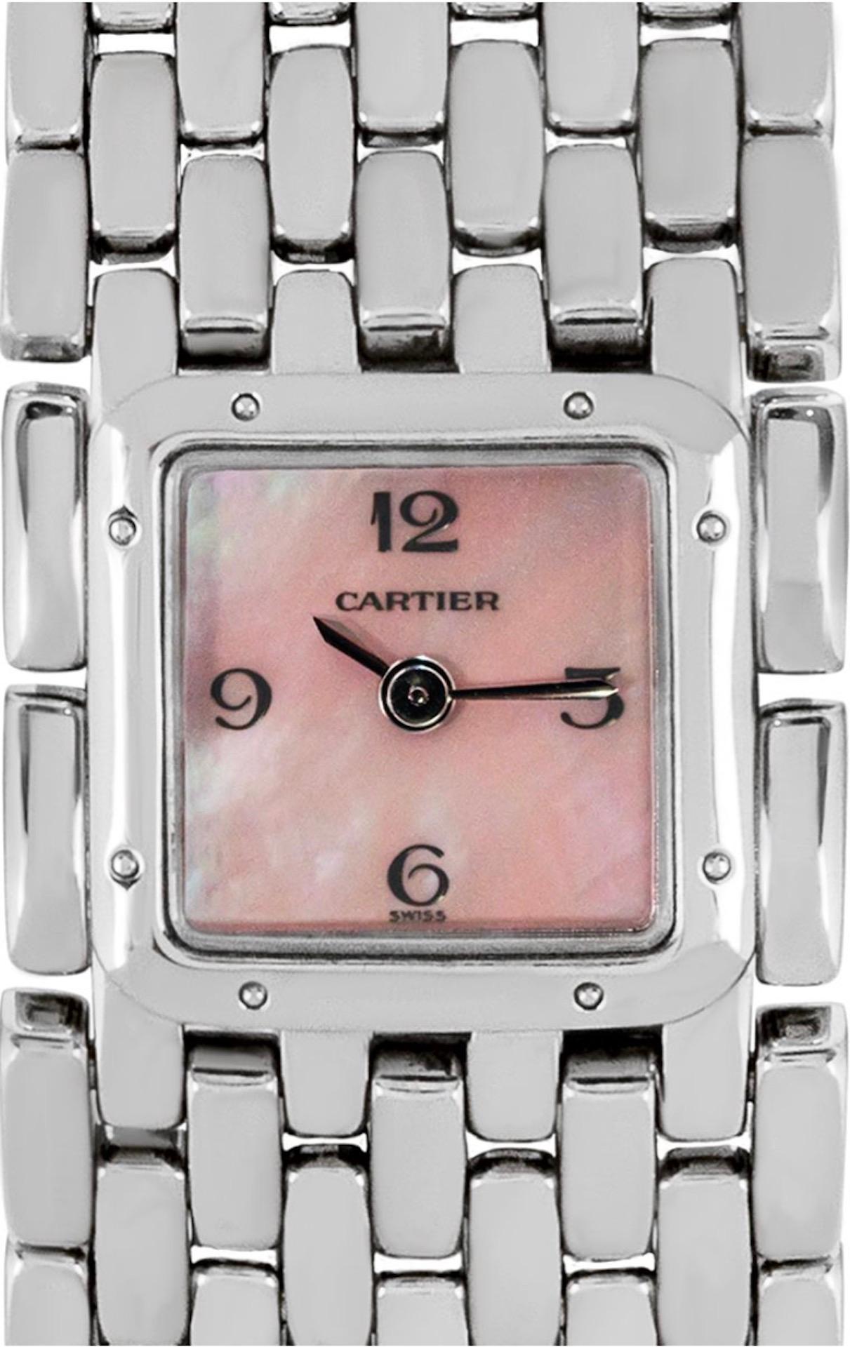 A ladies Panther Ruban in stainless steel by Cartier. Featuring a distinctive pink mother of pearl dial with applied arabic numbers and a stainless steel bezel. Fitted with a sapphire glass, a quartz movement and steel bracelet equipped with a