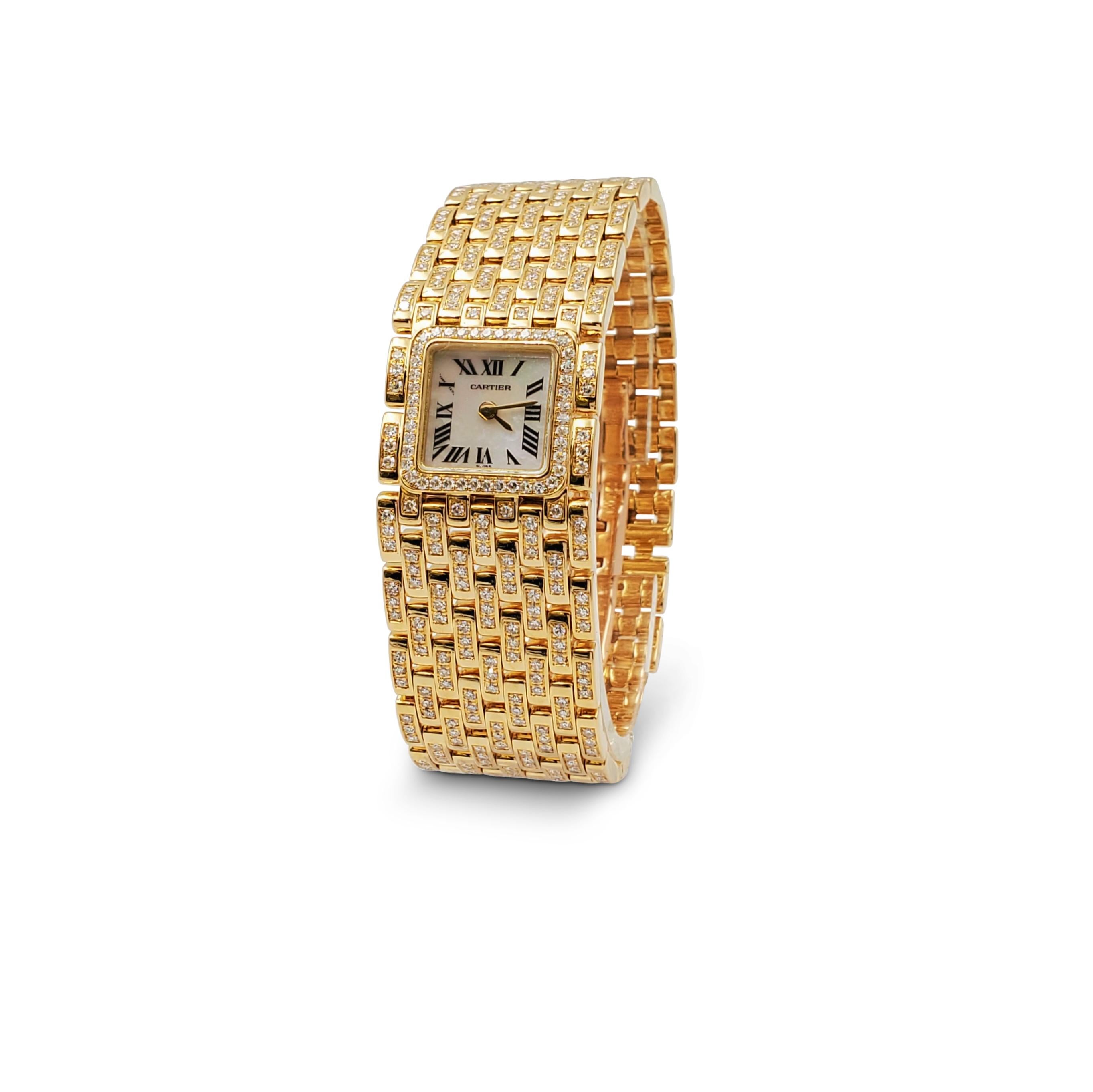 Authentic Cartier Panthere Ruban pave diamond set watch crafted in 18 karat yellow gold features a jewelry-like maillon bracelet. The square mother-of-pearl dial is completed with gold-toned sword-shaped hands, black Roman numerals, and a secret