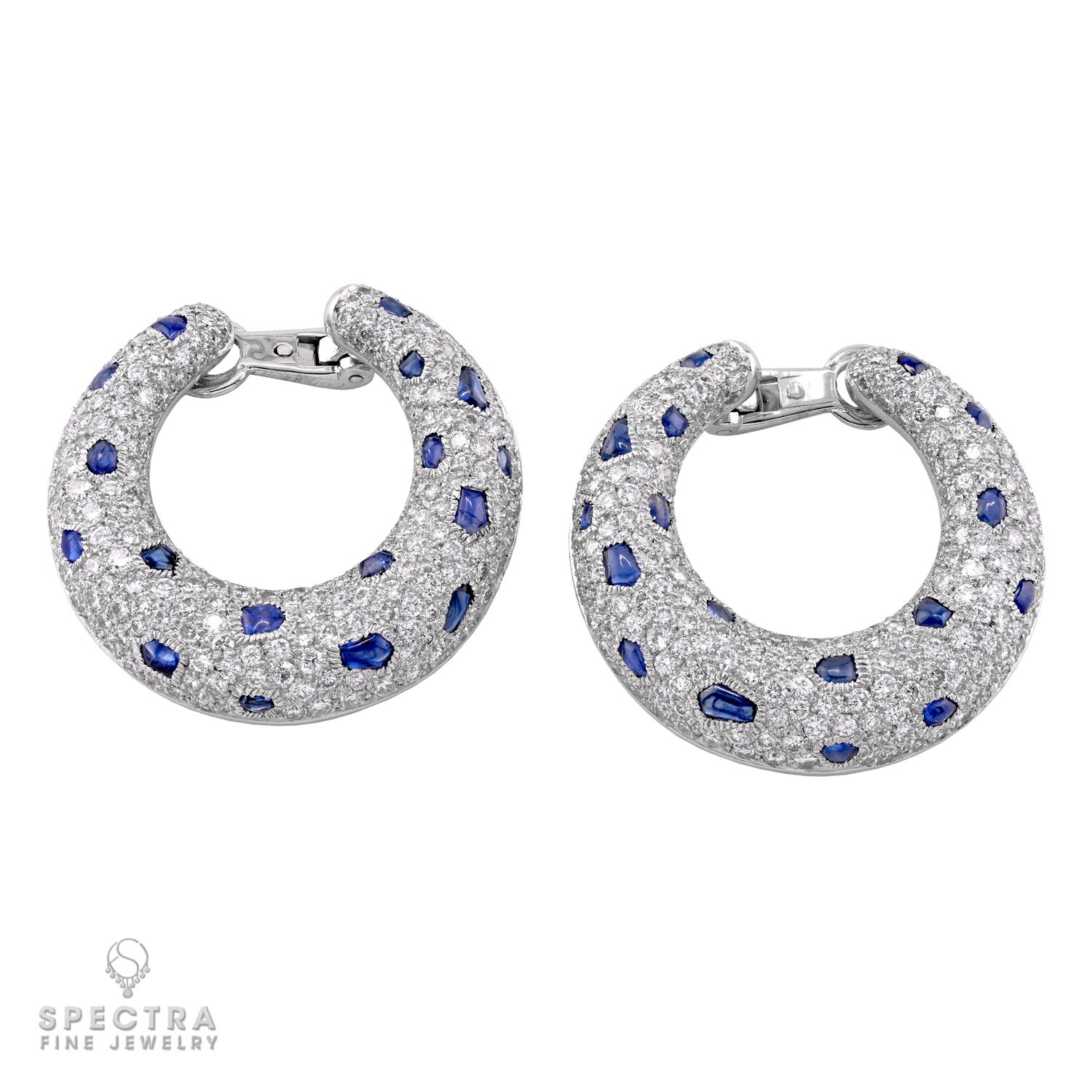 Mixed Cut Cartier 'Panthère' Sapphire Diamond Ear Clips, circa 1980 For Sale