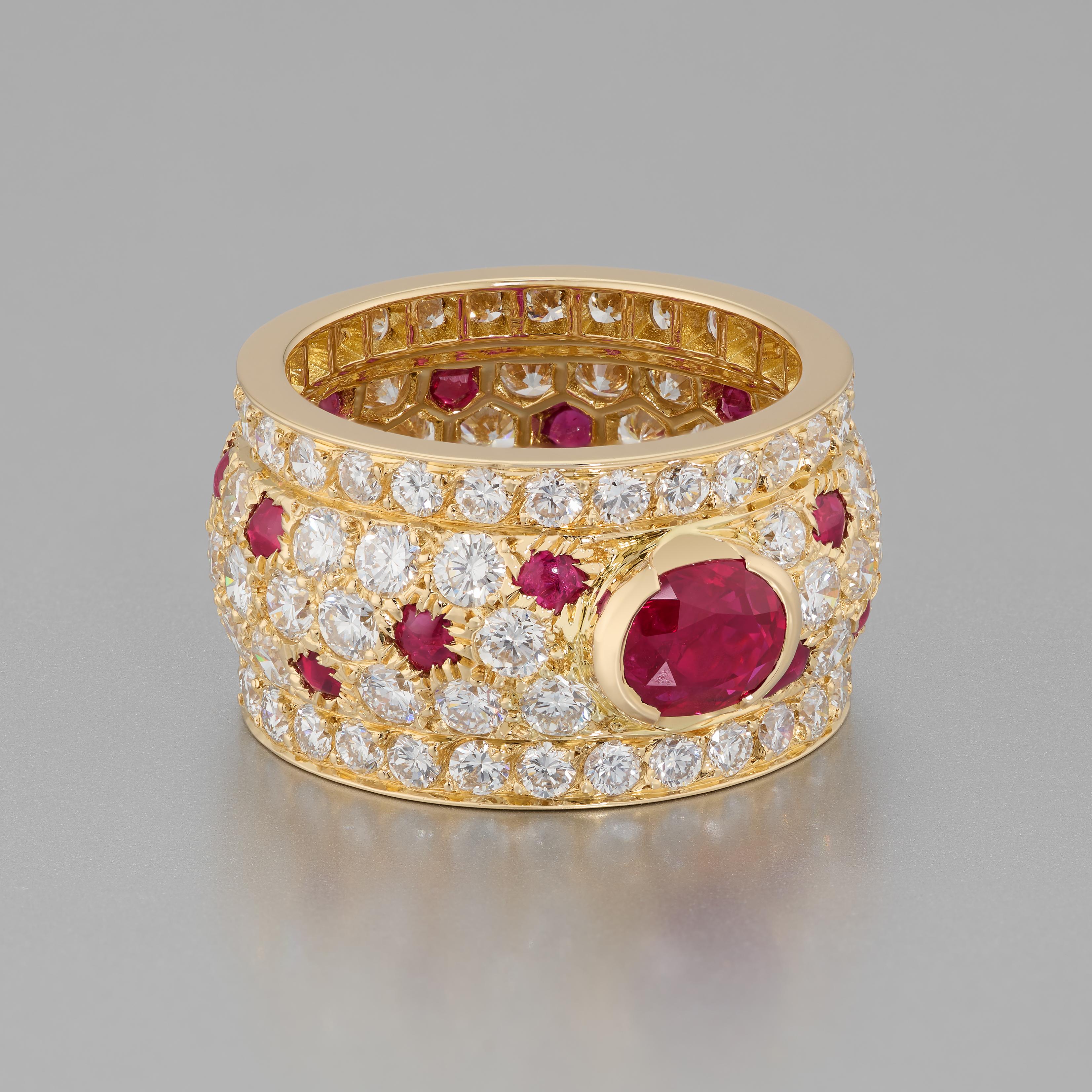 Mixed Cut Cartier Panthere Shaki Ruby Diamond Eternity Wide Band Ring in 18K Yellow Gold