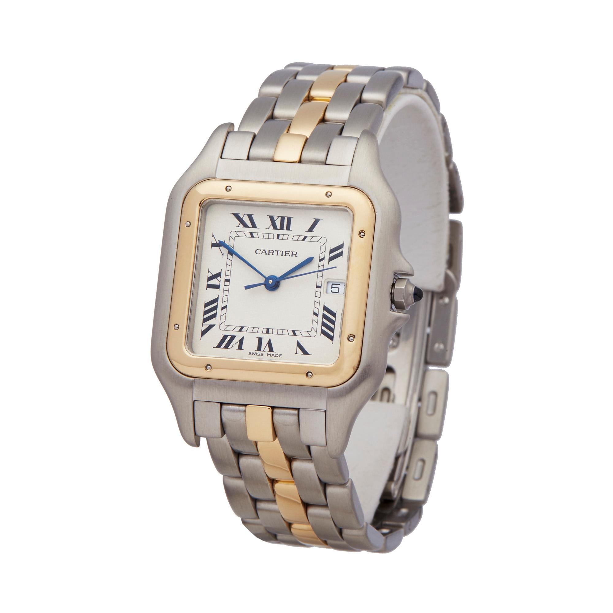 Reference: W5533
Manufacturer: Cartier
Model: Panthère
Model Reference: 8395
Age: Circa 2000's
Gender: Men's
Box and Papers: Presentation Box, Service Pouch and Service Papers
Dial: White Roman
Glass: Sapphire Crystal
Movement: Quartz
Water