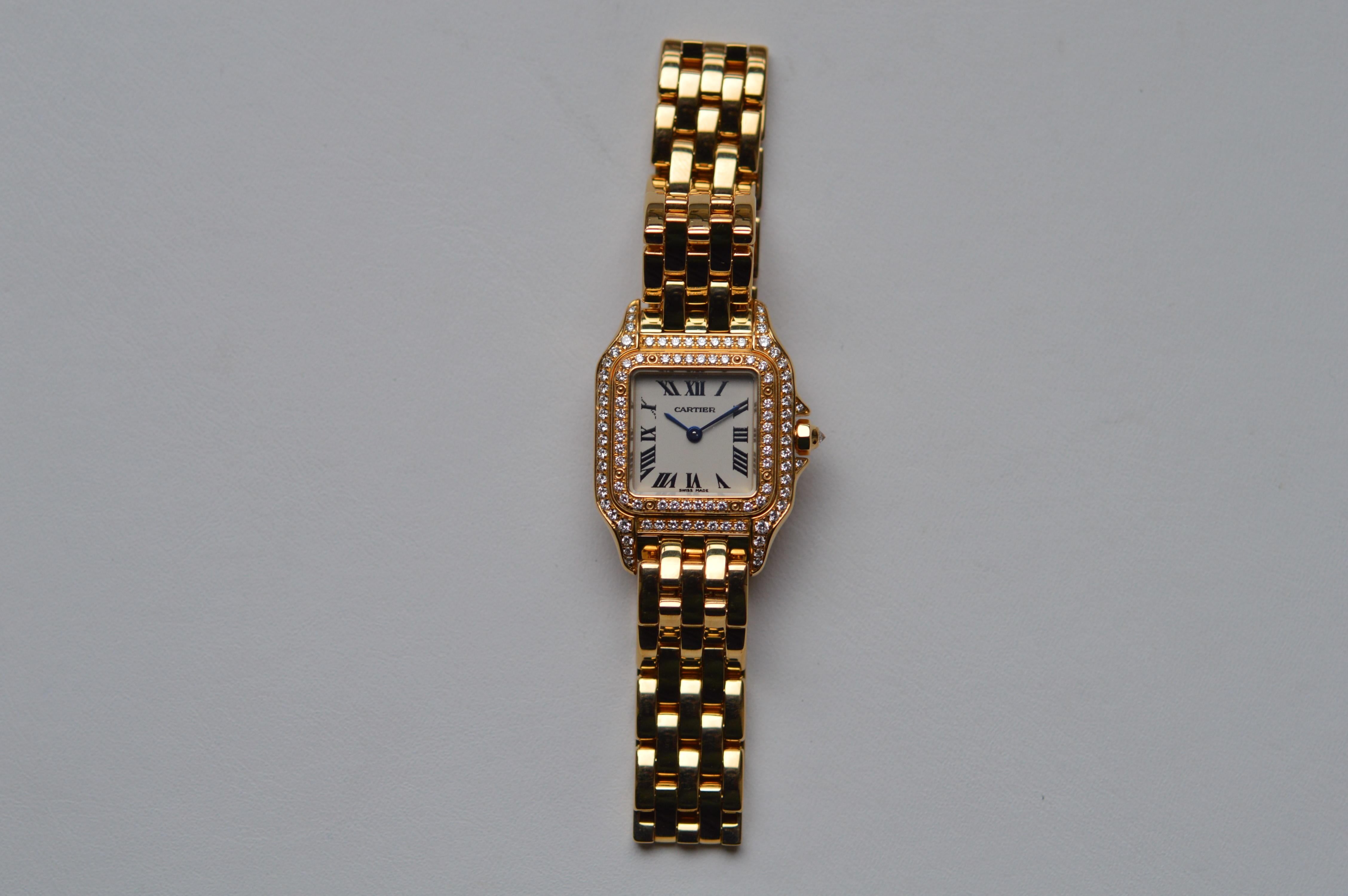 Cartier Panthère SM Diamond Case
Reference n°WF3072B9
SM (Small Model) Size
20mm X 28mm Size
18K Yellow Gold
Cream / White Dial
Custom diamond Setting
Set with 99 Round Diamond for a total weight of 0.73 carats
Water Resistant 3ATM - 30M - 100