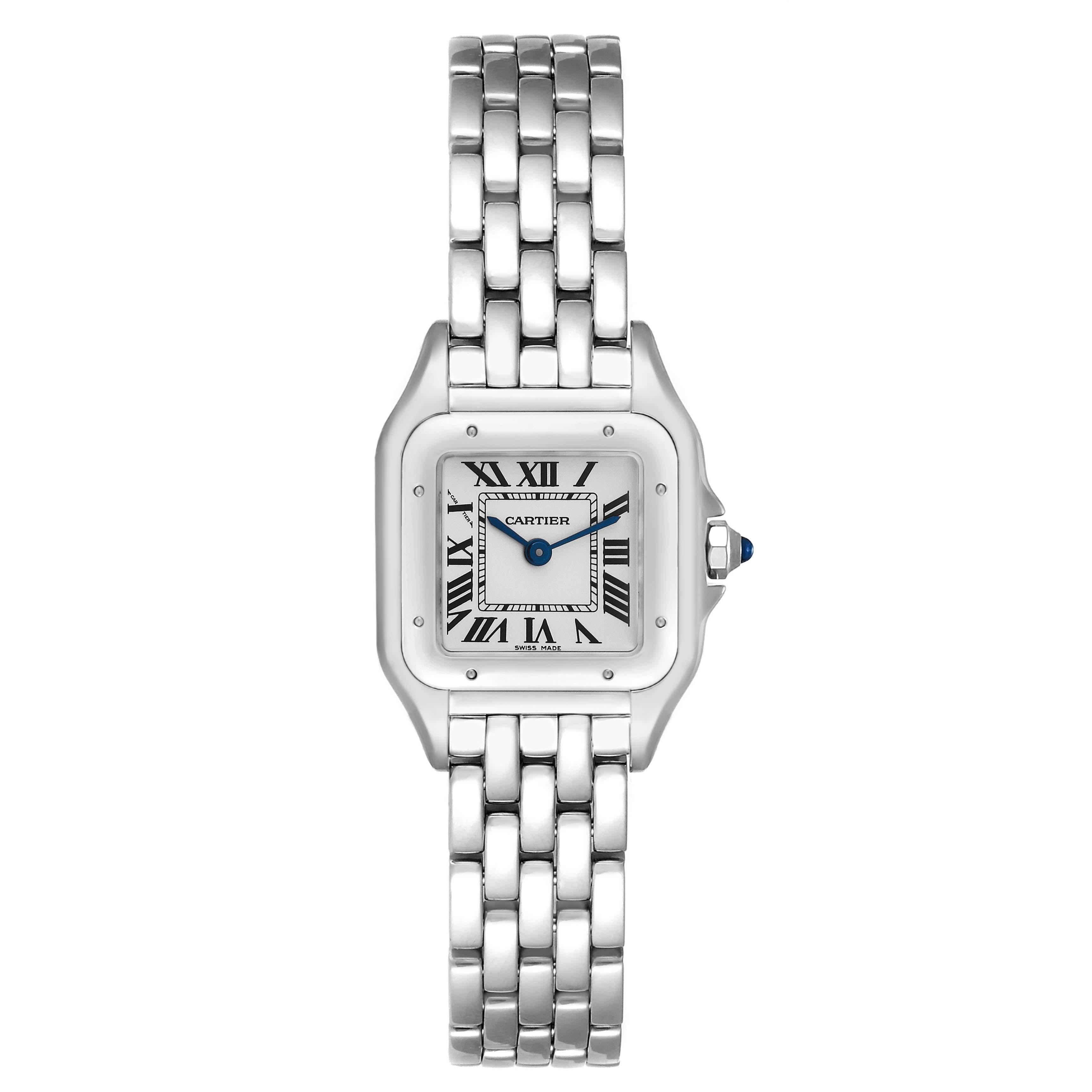 Cartier Panthere Small 22mm Steel Ladies Watch WSPN0006 Box Card. Quartz movement. Stainless steel case 22 x 30 mm. Octagonal crown set with the blue spinel cabochon. . Scratch resistant sapphire crystal. Silver grained dial with black Roman