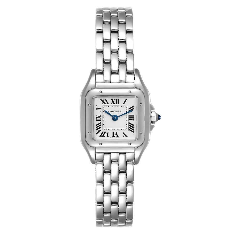 Cartier Panthere Small 22mm Steel Ladies Watch WSPN0006 Box. Quartz movement. Stainless steel case 22 x 30 mm. Octagonal crown set with the blue spinel cabochon. . Scratch resistant sapphire crystal. Silver grained dial with black roman numerals.