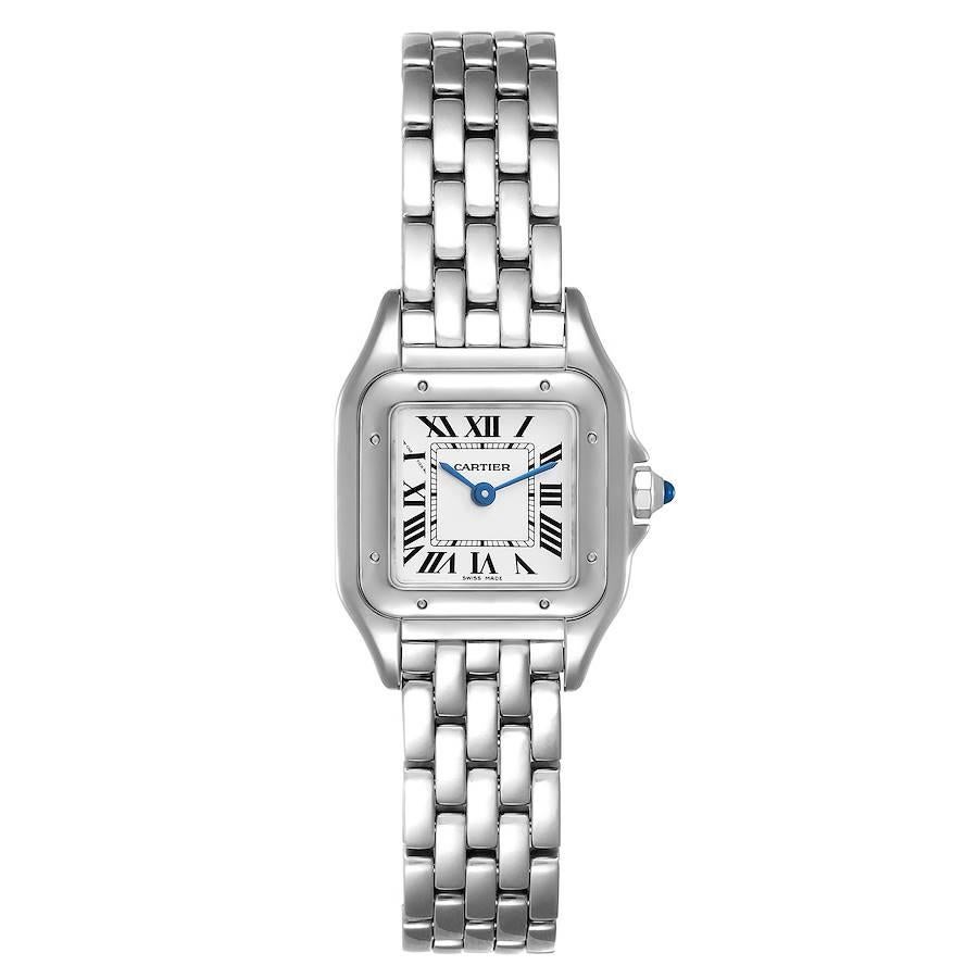 Cartier Panthere Small 22mm Steel Ladies Watch WSPN0006 Box Papers. Quartz movement. Stainless steel case 22 x 30 mm. Octagonal crown set with the blue spinel cabochon. . Scratch resistant sapphire crystal. Silver grained dial with black roman