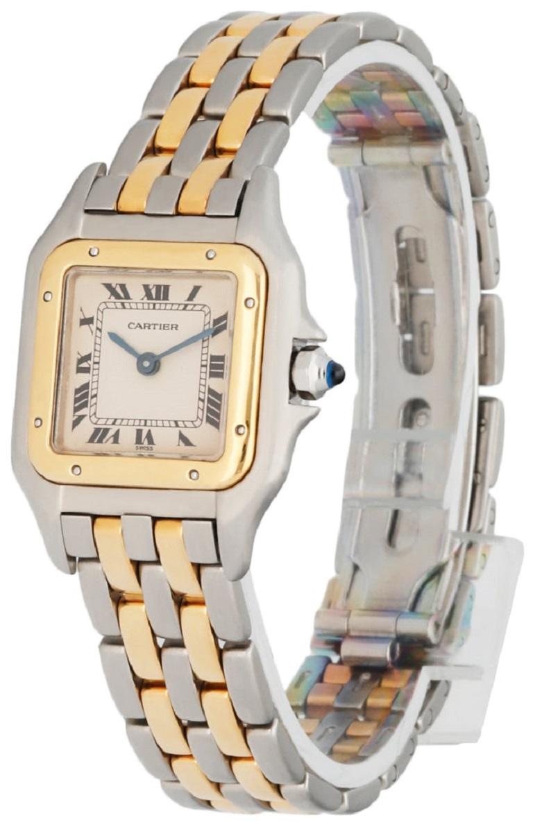 Cartier Panthere 1057917 Ladies Watch. 22mm Stainless Steel case. 18K Yellow Gold bezel. Off-White dial with Blue steel hands and Roman numeral hour markers. Minute markers on the inner dial. Stainless Steel & 18K yellow gold bracelet with hidden