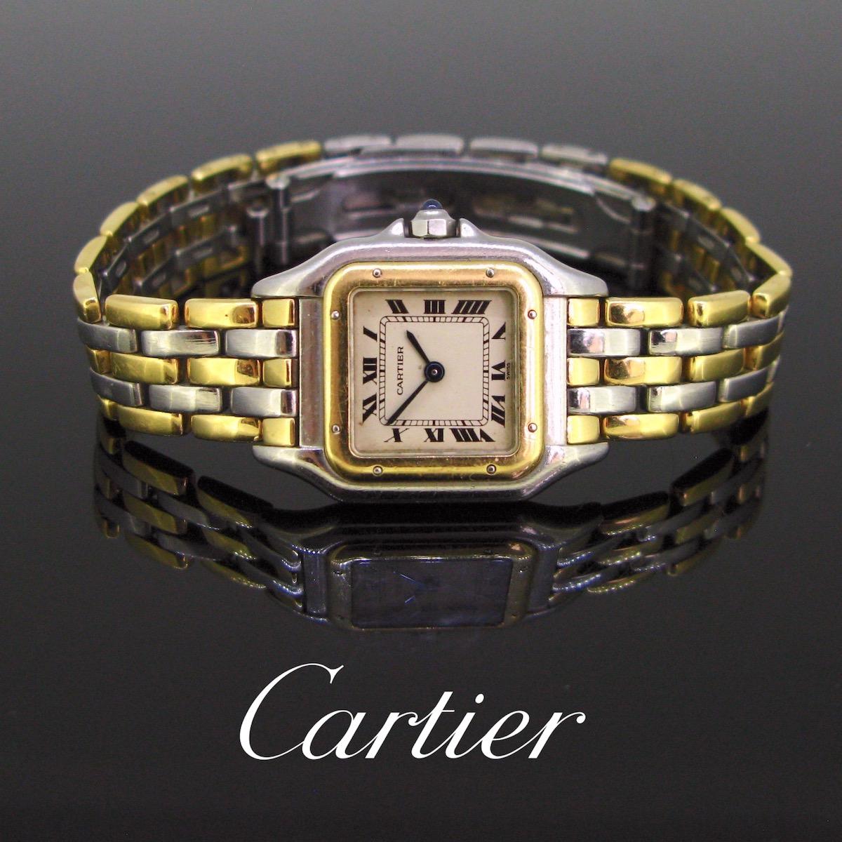 This Panthere Cartier small model watch is made in 18k yellow gold and steel. It is in very good condition and has a quartz movement. It works perfectly. It has a double deployant concealed clasp. The Panthere de Cartier timepiece is one of the most