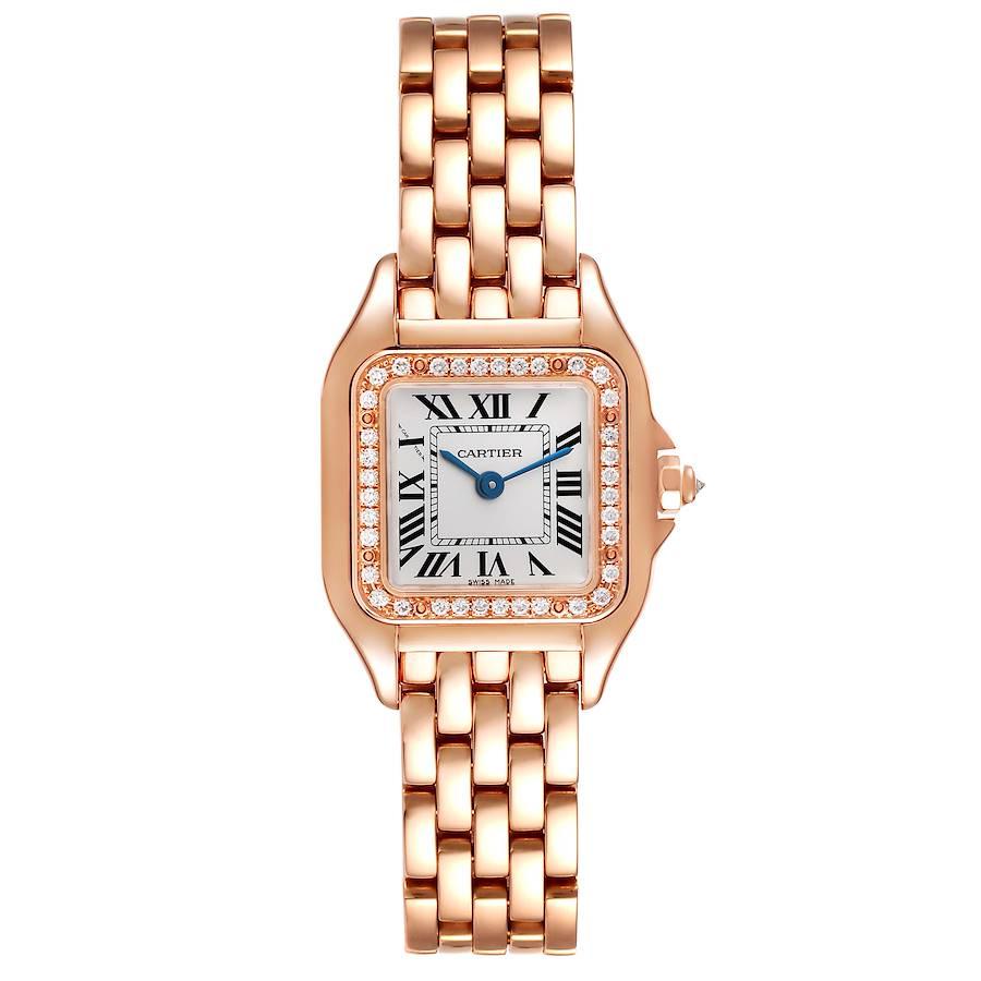 Cartier Panthere Small Rose Gold Diamond Ladies Watch WJPN0008 Box Papers. Quartz movement. 18k rose gold case 22.0 x 22.0 mm (28.0 including the lugs). Octagonal crown set with the diamond. 18k rose gold polished bezel with original Cartier factory