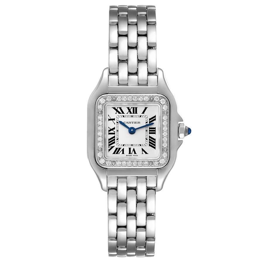 Cartier Panthere Small Steel Diamond Bezel Ladies Watch W4PN0007 Box Card. Quartz movement. Stainless steel case 22.0 x 30.0 mm. Octagonal crown set with blue spinnel cabochon. . Scratch resistant sapphire crystal. Silver dial with black Roman