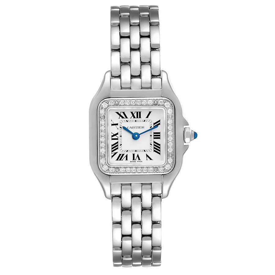 Cartier Panthere Small Steel Diamond Bezel Ladies Watch W4PN0007 Box Card. Quartz movement. Stainless steel case 22.0 x 30.0 mm. Octagonal crown set with blue spinel cabochon. Stainless steel bezel set with original Cartier factory diamonds. Scratch