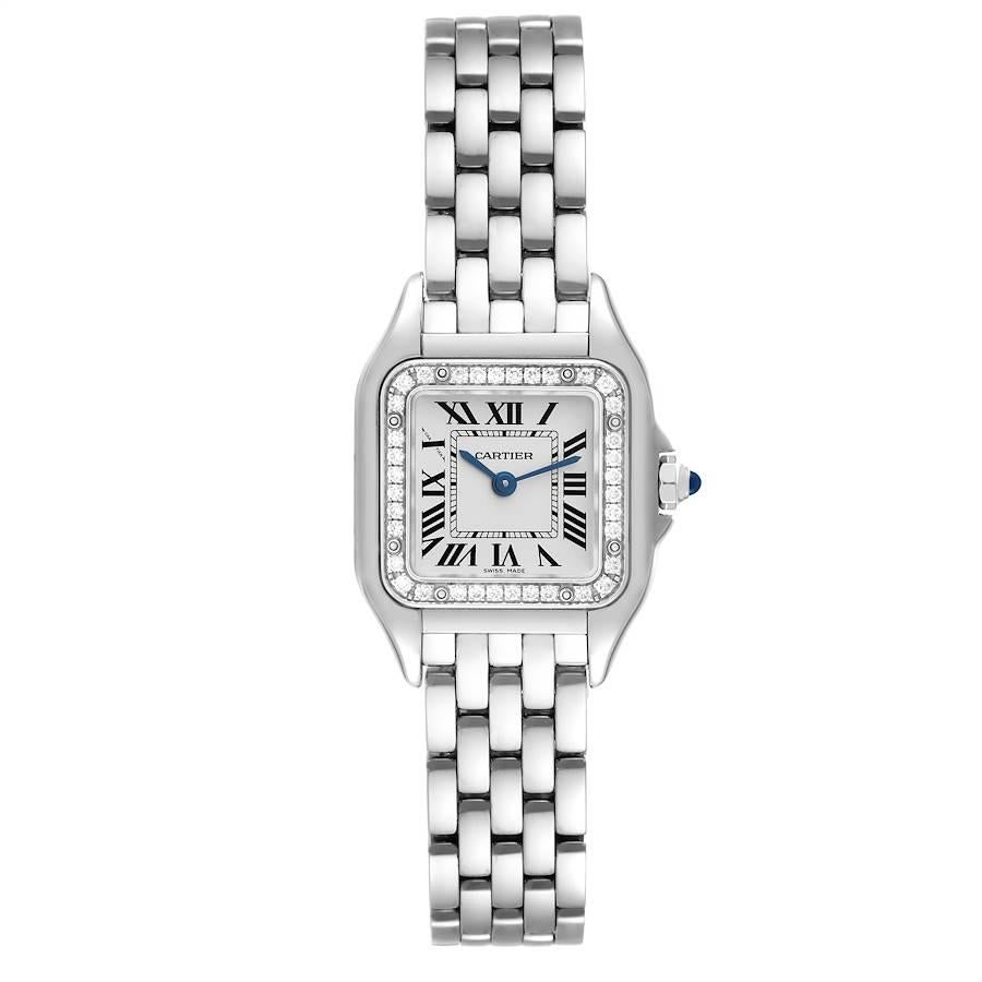 Cartier Panthere Small Steel Diamond Bezel Ladies Watch W4PN0007. Quartz movement. Stainless steel case 22.0 x 30.0 mm. Octagonal crown set with blue spinnel cabochon. Stainless steel bezel set with original Cartier factory diamonds. Scratch