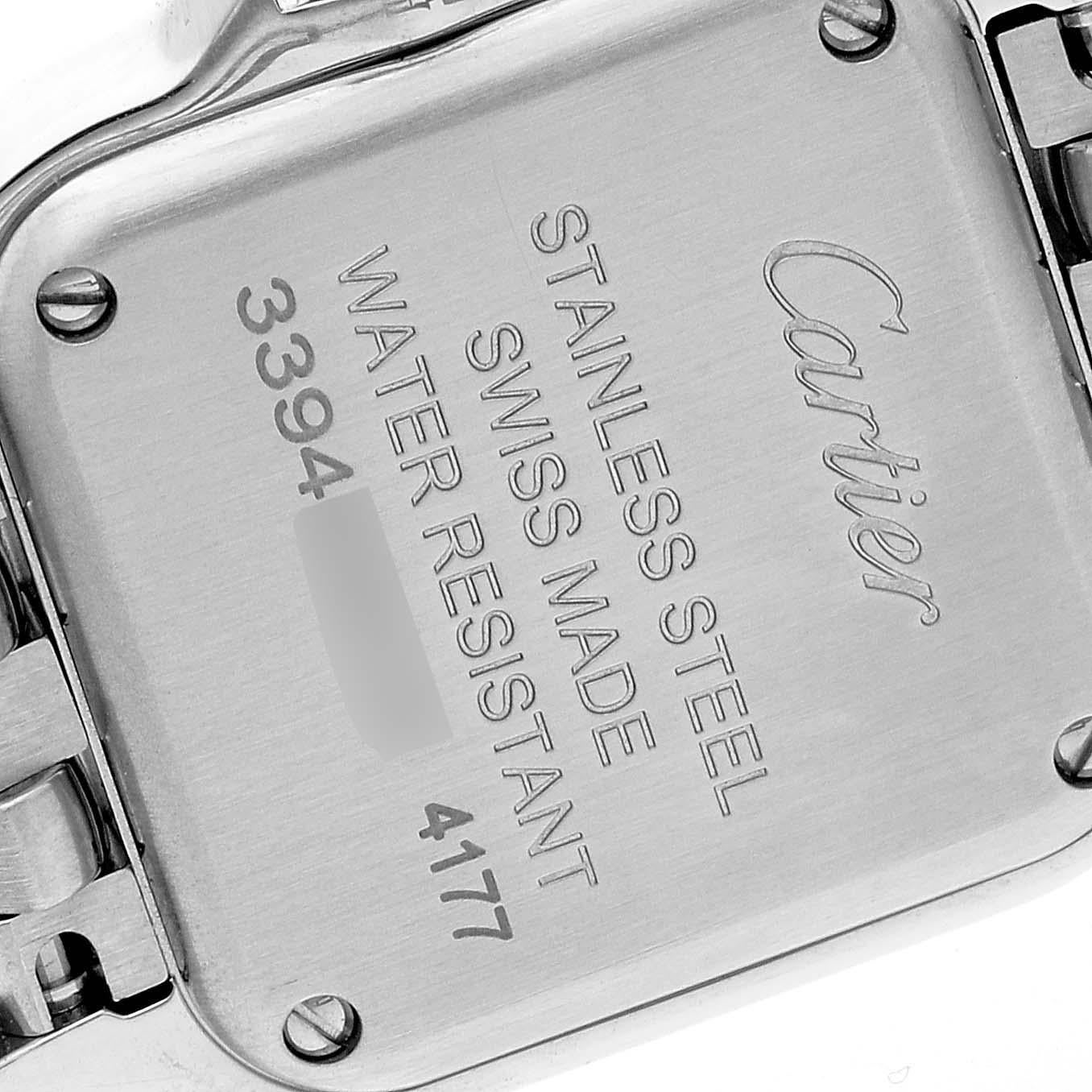 Cartier Panthere Small Steel Diamond Bezel Ladies Watch W4PN0013 Unworn. Quartz movement. Stainless steel case 30.3 x 22.0 mm. Octagonal crown set with blue spinnel cabochon. Stainless steel original Cartier factory diamond bezel. Scratch resistant