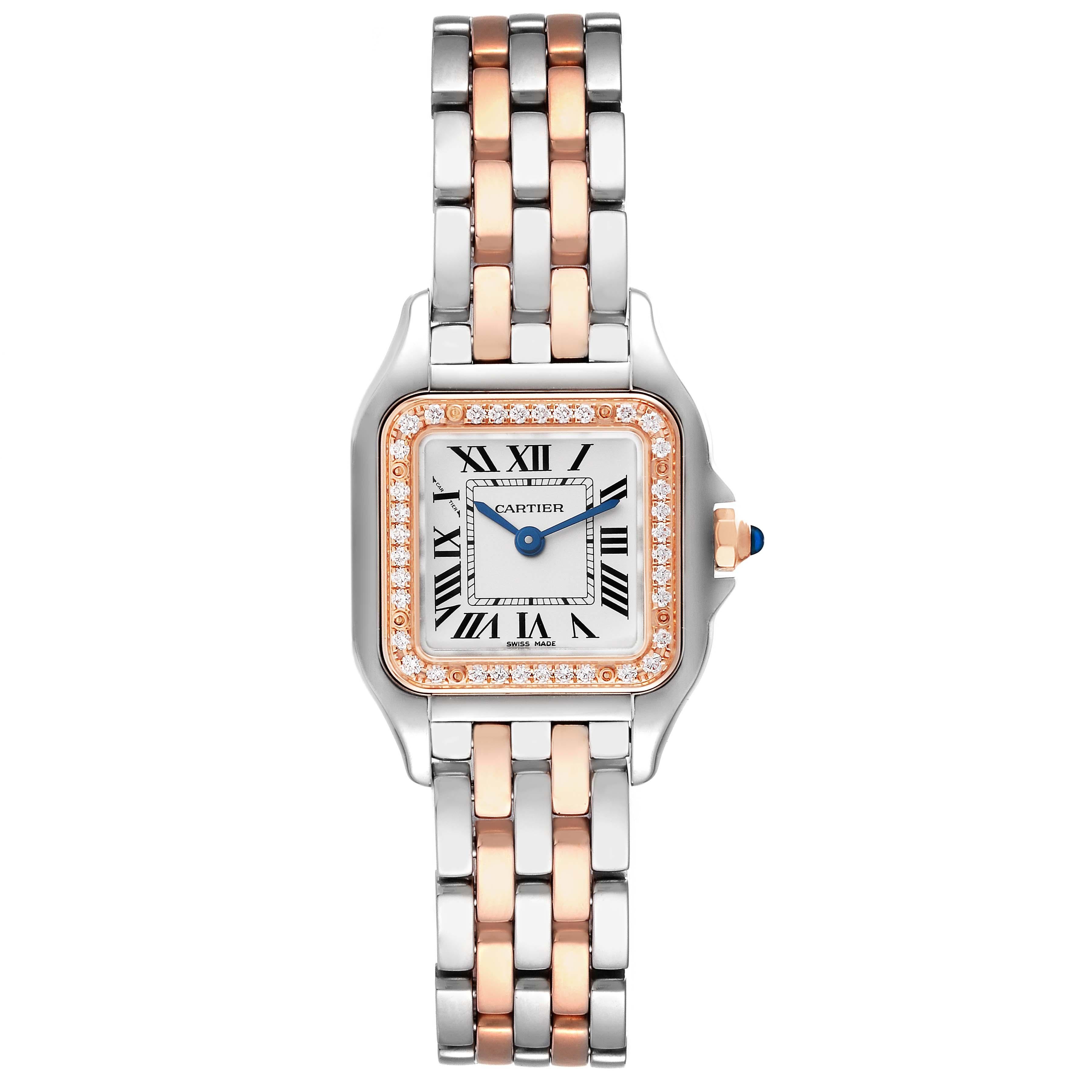 Cartier Panthere Small Steel Rose Gold Diamond Ladies Watch W3PN0006 Box Card. Quartz movement. Stainless steel and 18k rose gold case 22.0 x 30.0 mm. Octagonal crown set with a blue spinel cabochon. 18k rose gold bezel set with original Cartier