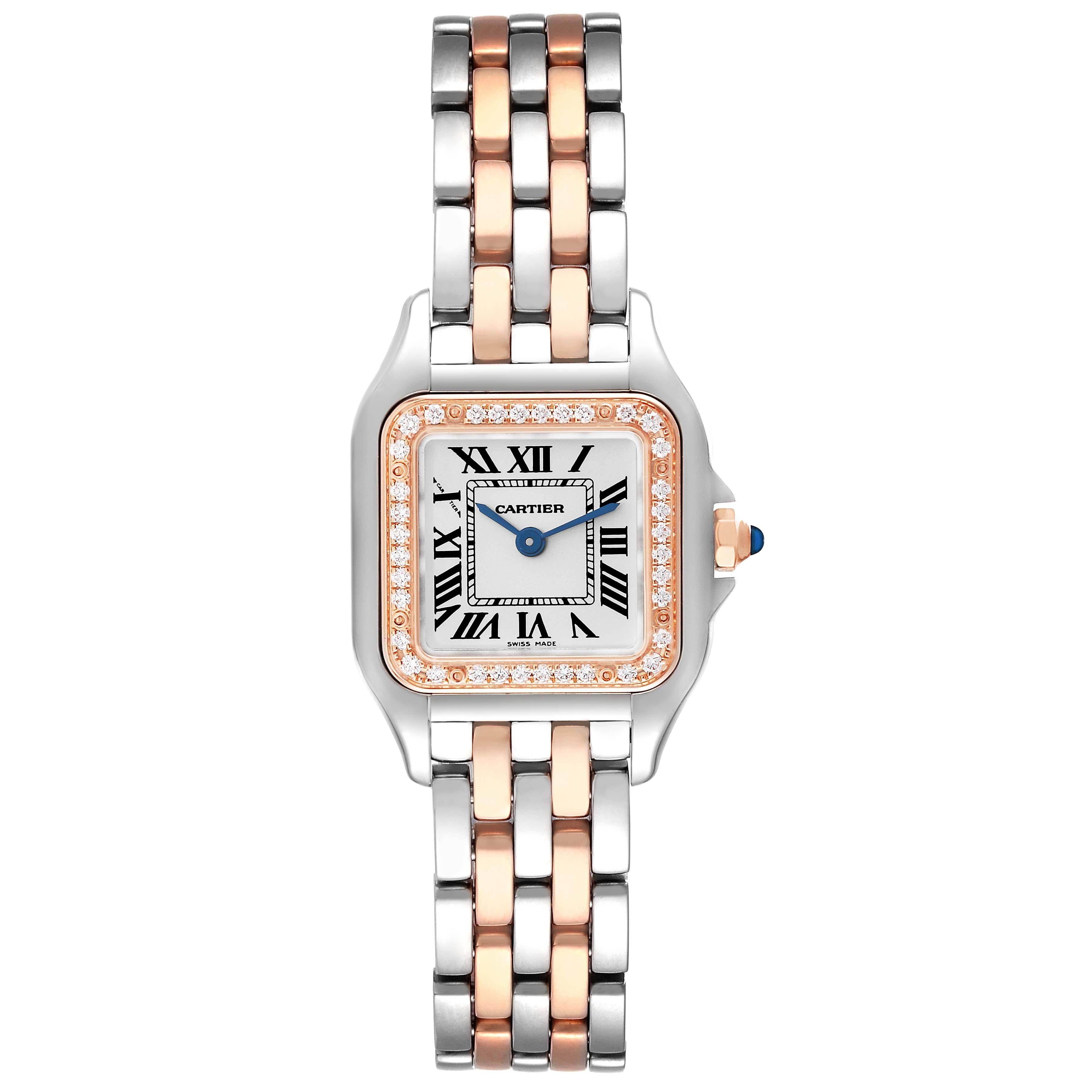 Cartier Panthere Small Steel Rose Gold Diamond Ladies Watch W3PN0006 Card. Quartz movement. Stainless steel and 18k rose gold case 22.0 x 30.0 mm. Octagonal 18k rose gold crown set with a blue spinel cabochon. 18k rose gold bezel set with original