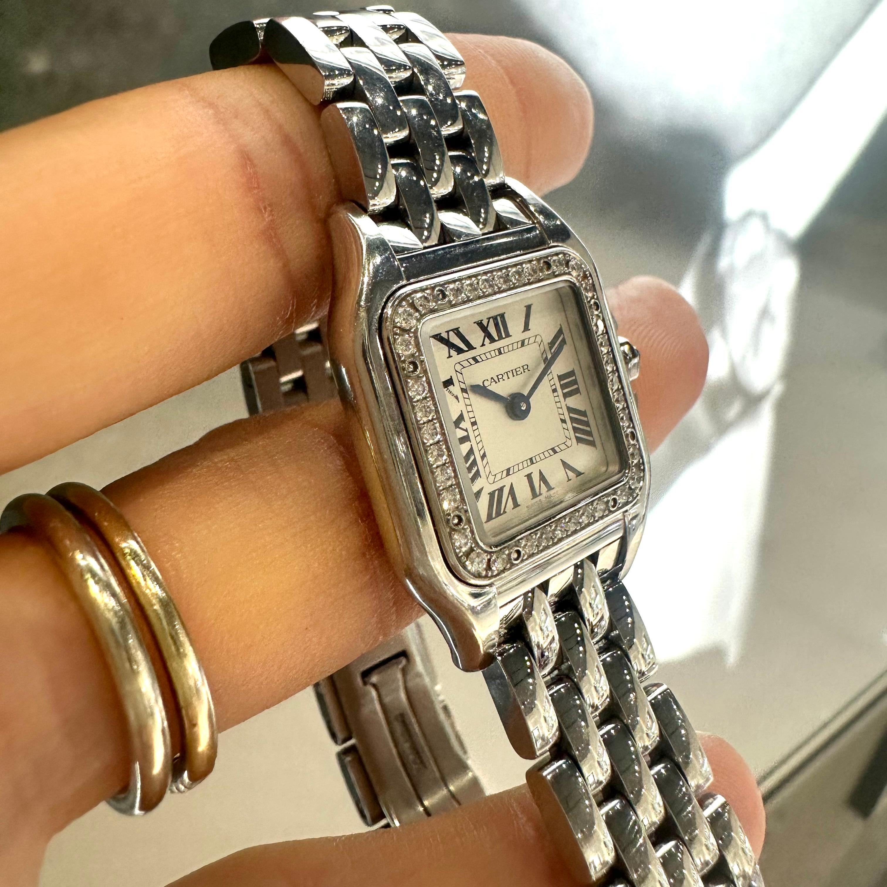 Round Cut Cartier Panthere Small Watch in Stainless Steel with Factory Diamond Bezel