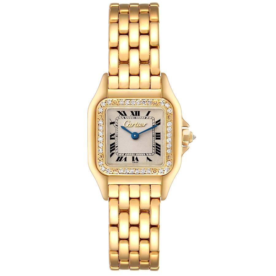 Cartier Panthere Small Gelbgold Diamant Damenuhr. Quarzwerk. gehäuse aus 18 Karat Gelbgold, 22,0 x 22,0 mm (28,0 mm einschließlich der Bandanstöße). Achteckige Krone mit einem Diamanten besetzt. Original Cartier Fabrik 18k Gelbgold Diamant Lünette,