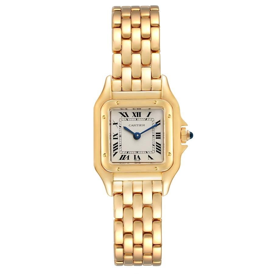 Cartier Panthere Small Yellow Gold Silver Dial Watch W25022B9. Quartz movement. 18k yellow gold case 22.0 x 22.0 mm (28.0 including the lugs). Octagonal crown set with the blue sapphire cabochon. 18k yellow gold polished bezel, secured with 8 pins.