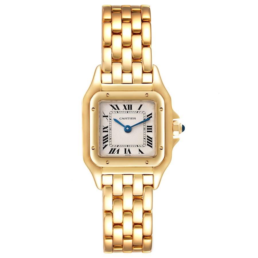 Cartier Panthere Small Yellow Gold Silver Dial Watch W25022B9. Quartz movement. 18k yellow gold case 22.0 x 22.0 mm (28.0 including the lugs). Octagonal crown set with the blue sapphire cabochon. . Scratch resistant sapphire crystal. Silvered dial