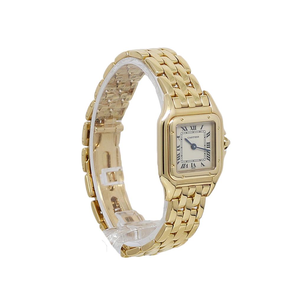 18k Yellow Gold Cartier Panthere Watch, Model W25000BP . The Watch Has a  Silver Mat Dial With Roman Numerals And Secret Signature At X, To A Stepped Case, Quartz Movement, Blue Cabochon Set Crown, and 18k Gold Brick Link Bracelet With Double