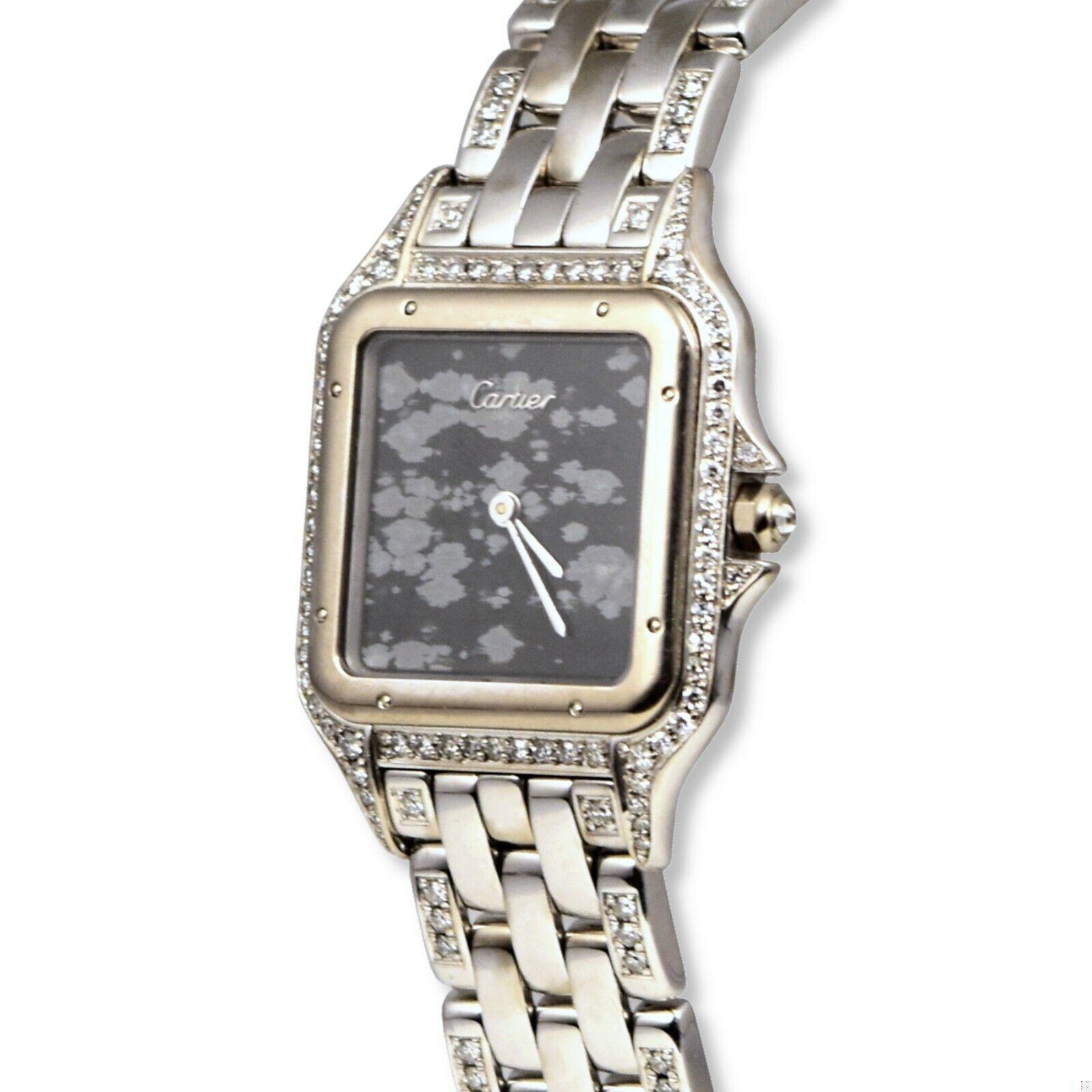 Rare Obsidian Marble Dial Panthere de Cartier.

Contact us for more questions

Brand: Cartier  
Model: Panthere  
Movement: Automatic  
Case Size: 31 mm  
Dial: Snowflake Obsidian; No Hour Markers  
Case Material: White Gold  
Bezel: