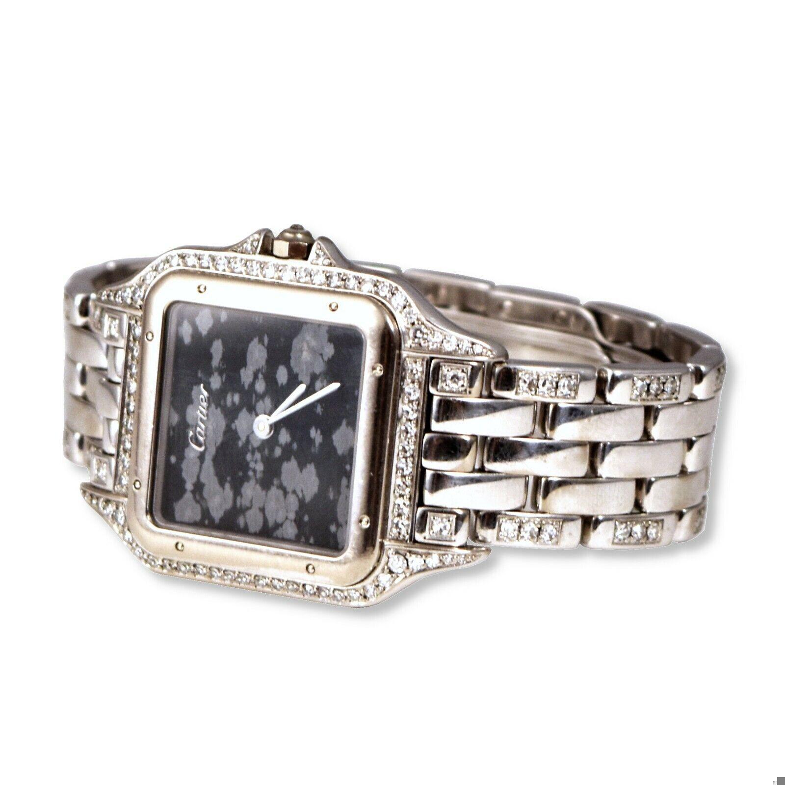 Round Cut Cartier Panthere Snowflake Obsidian Dial Diamonds 18k White Gold Watch (Y-94) For Sale