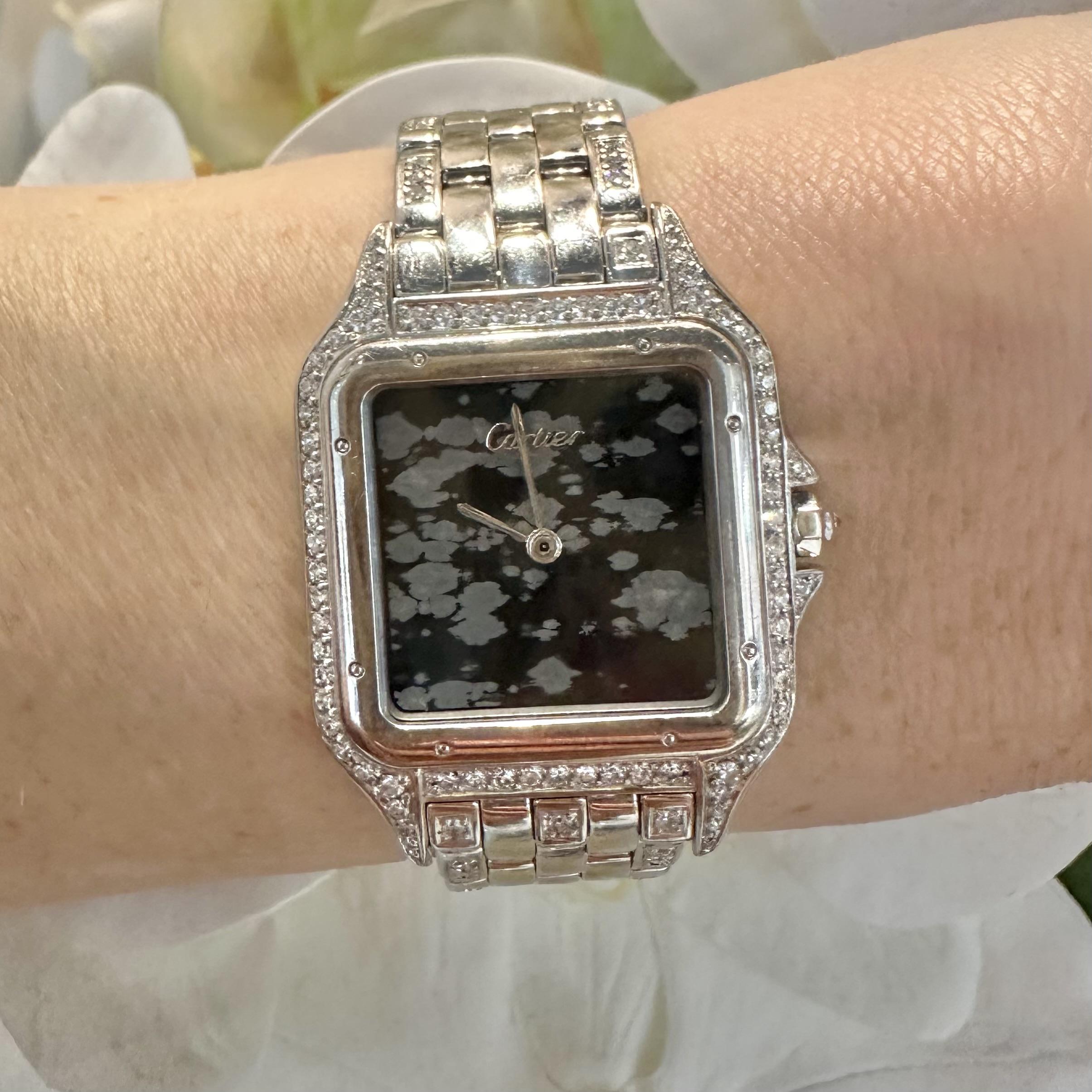 Women's or Men's Cartier Panthere Snowflake Obsidian Dial Diamonds 18k White Gold Watch (Y-94) For Sale