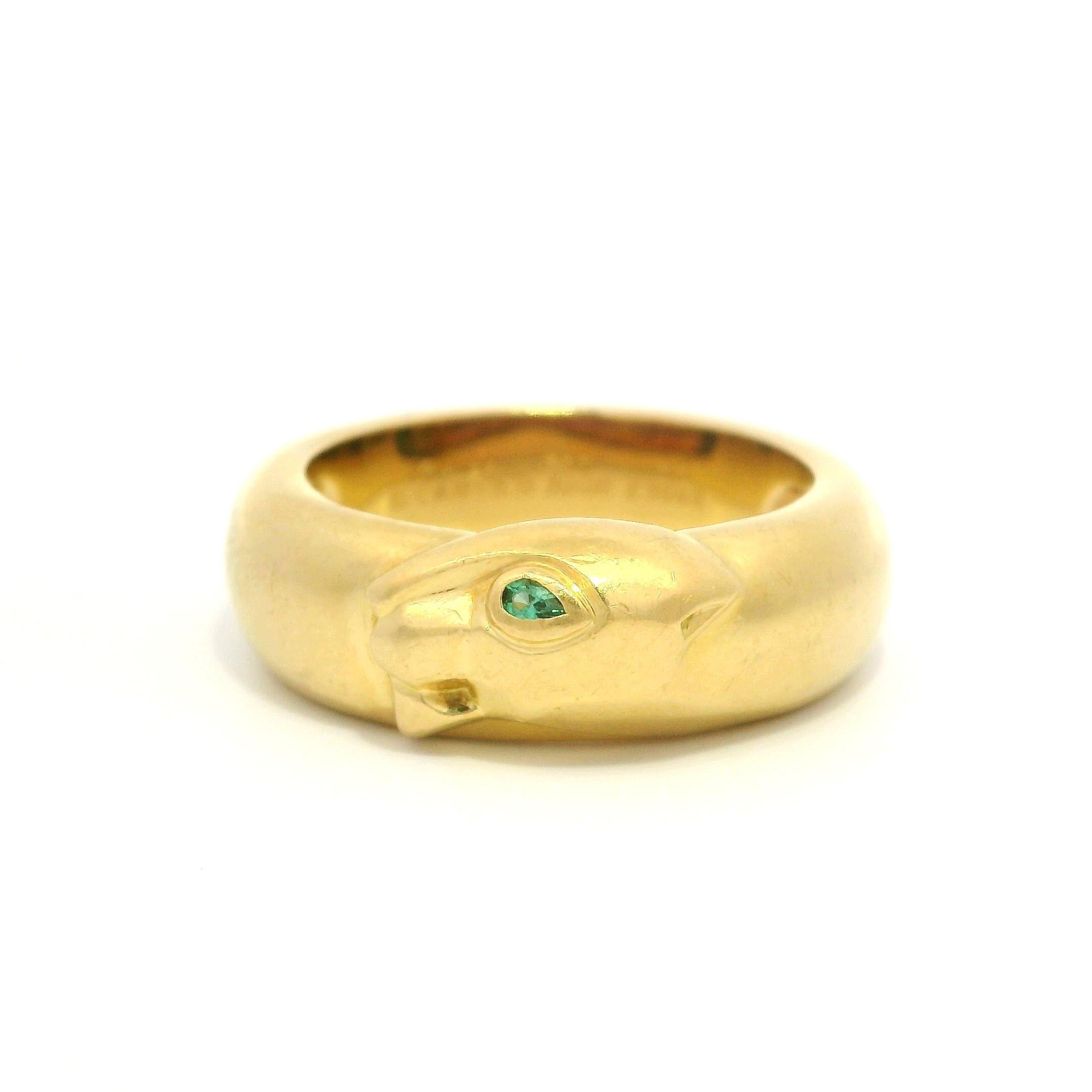 Cartier Panthere Solid 18k Yellow Gold Emerald Eye Band Ring Size 60 3
