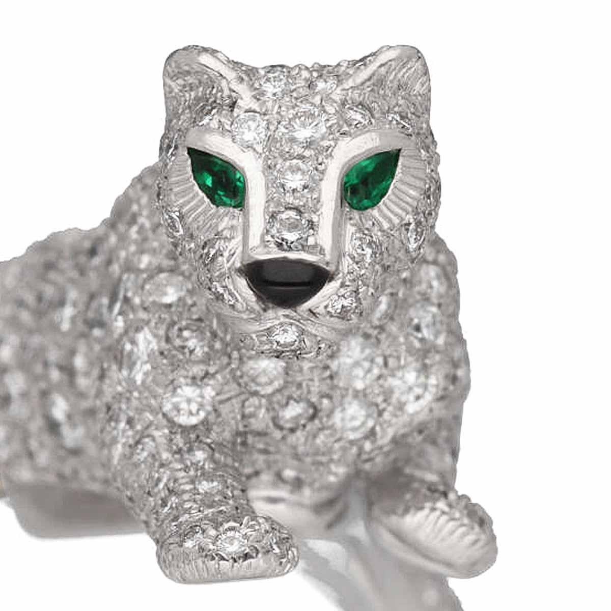 Round Cut Cartier Panthere Sookie Diamonds Emeralds Onyx K18 White Gold Ring US 6 1/4 For Sale