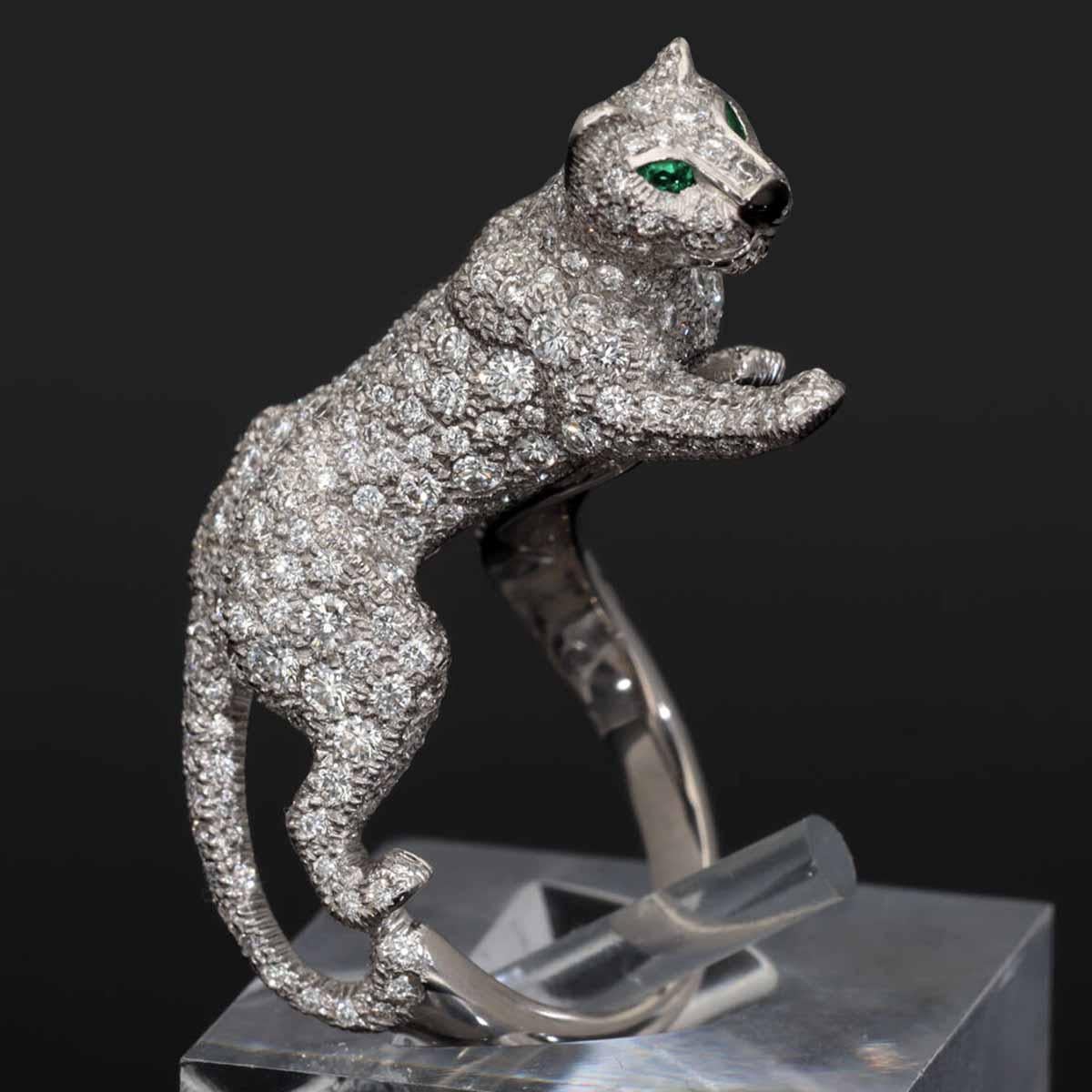 Cartier Panthere Sookie Diamonds Emeralds Onyx K18 White Gold Ring US 6 1/4 For Sale 6